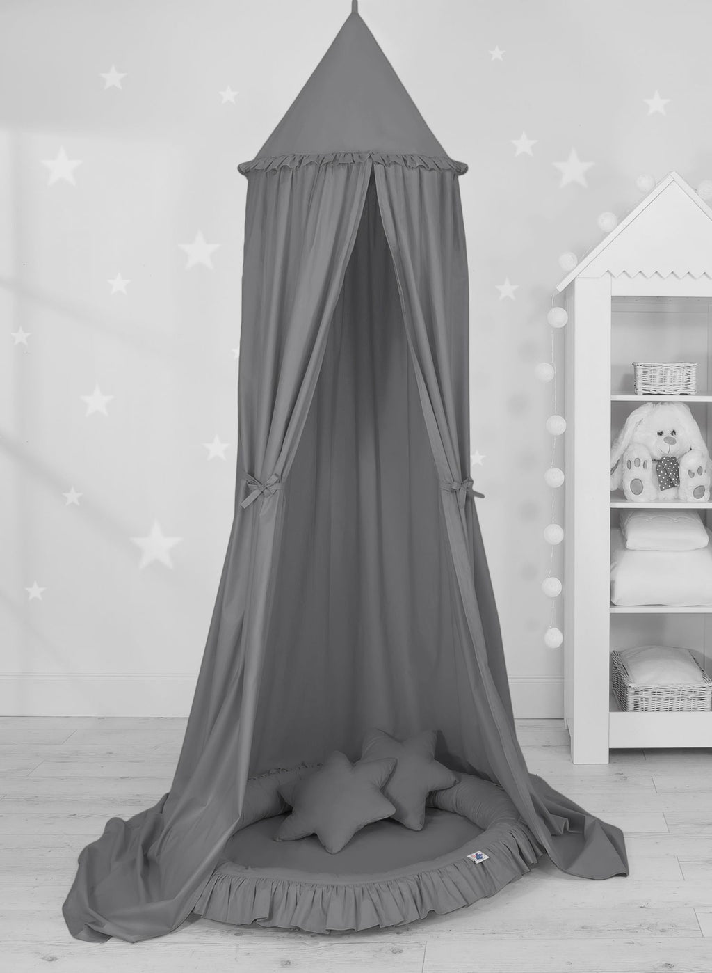 Set: Hanging baldachin for children's room cotton + nest with flounce + pillows - anthracite