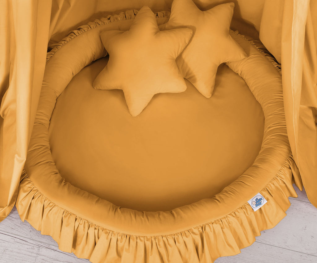 Set: Hanging baldachin for children's room cotton + nest with flounce + pillows - honey yellow