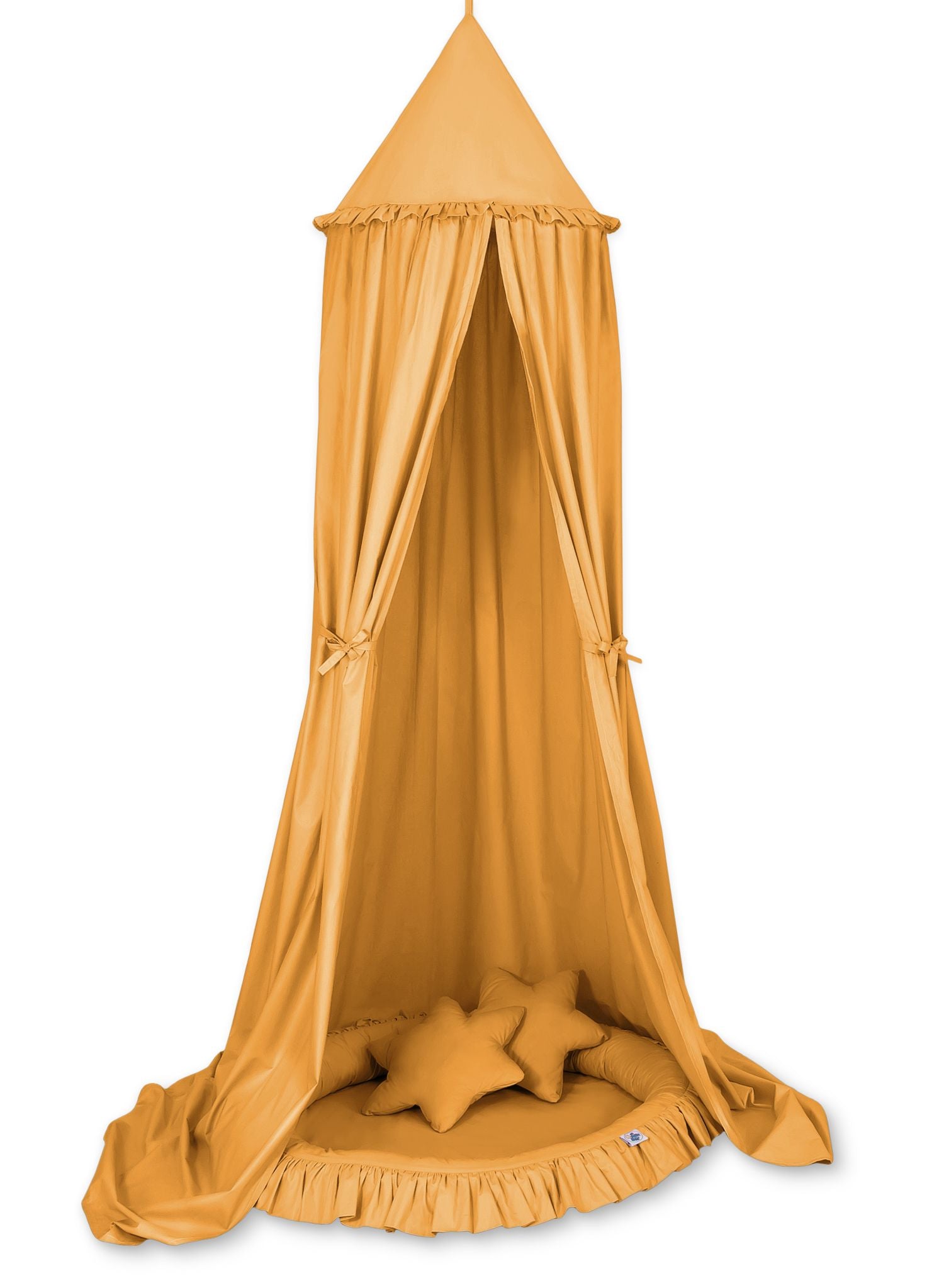 Set: Hanging baldachin for children's room cotton + nest with flounce + pillows - honey yellow