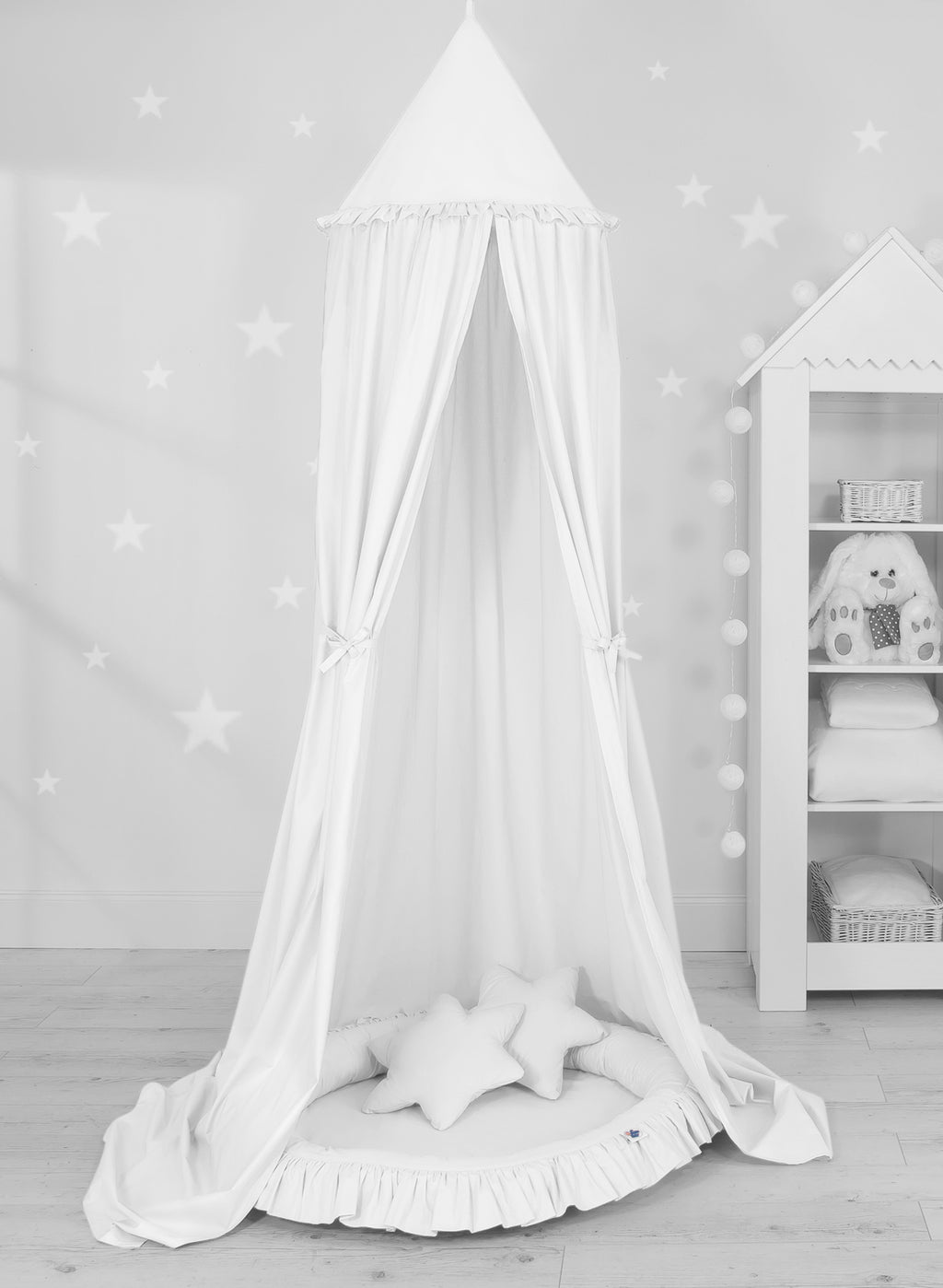 Set: Hanging baldachin for children's room cotton + nest with flounce + pillows - white