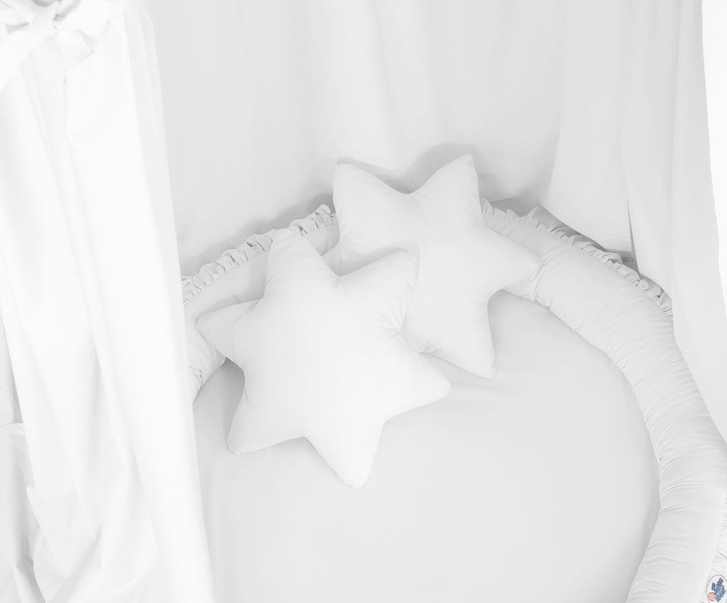 Set: Hanging baldachin for children's room cotton + nest with flounce + pillows - white