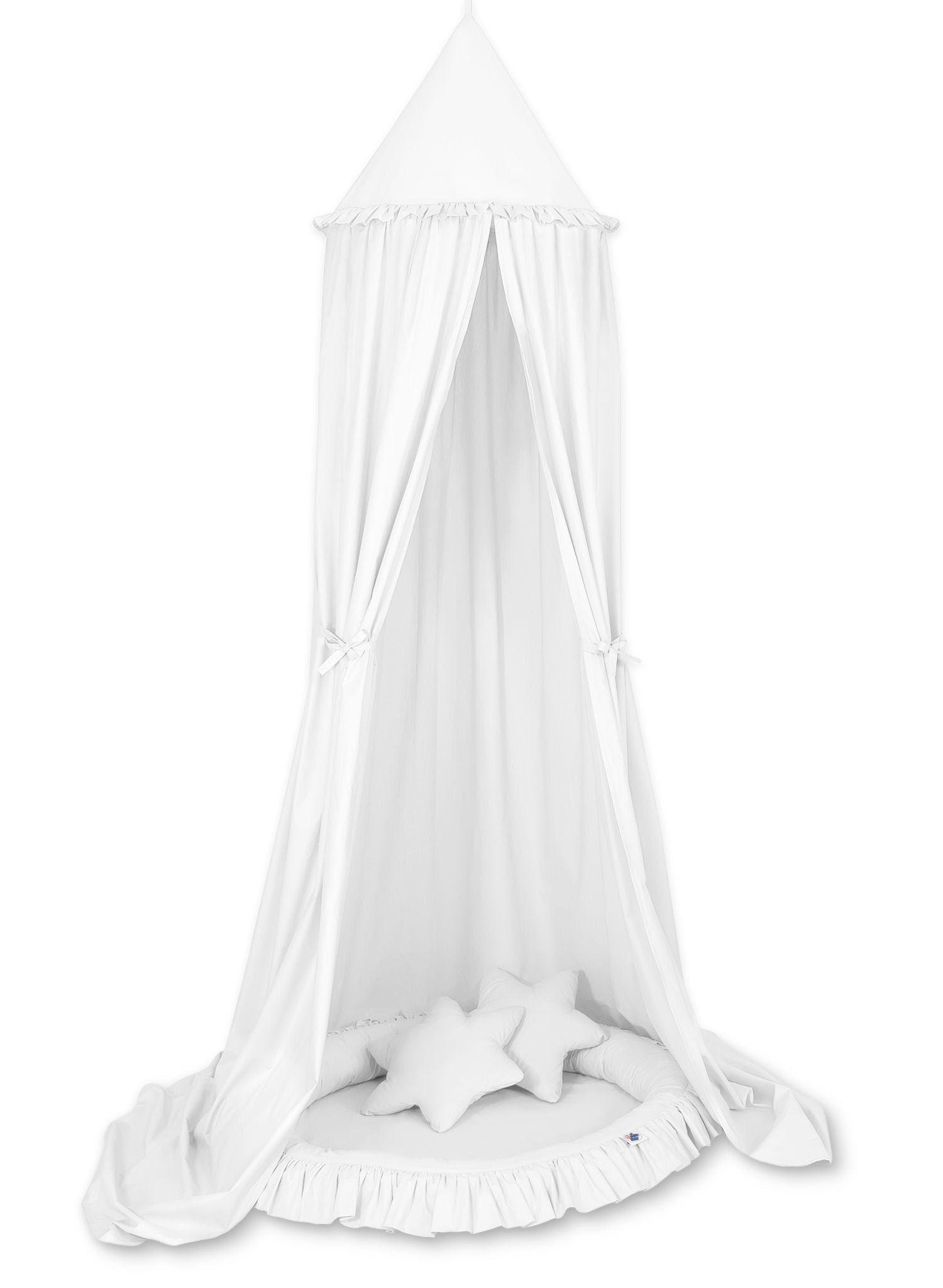 Set: Hanging baldachin for children's room cotton + nest with flounce + pillows - white