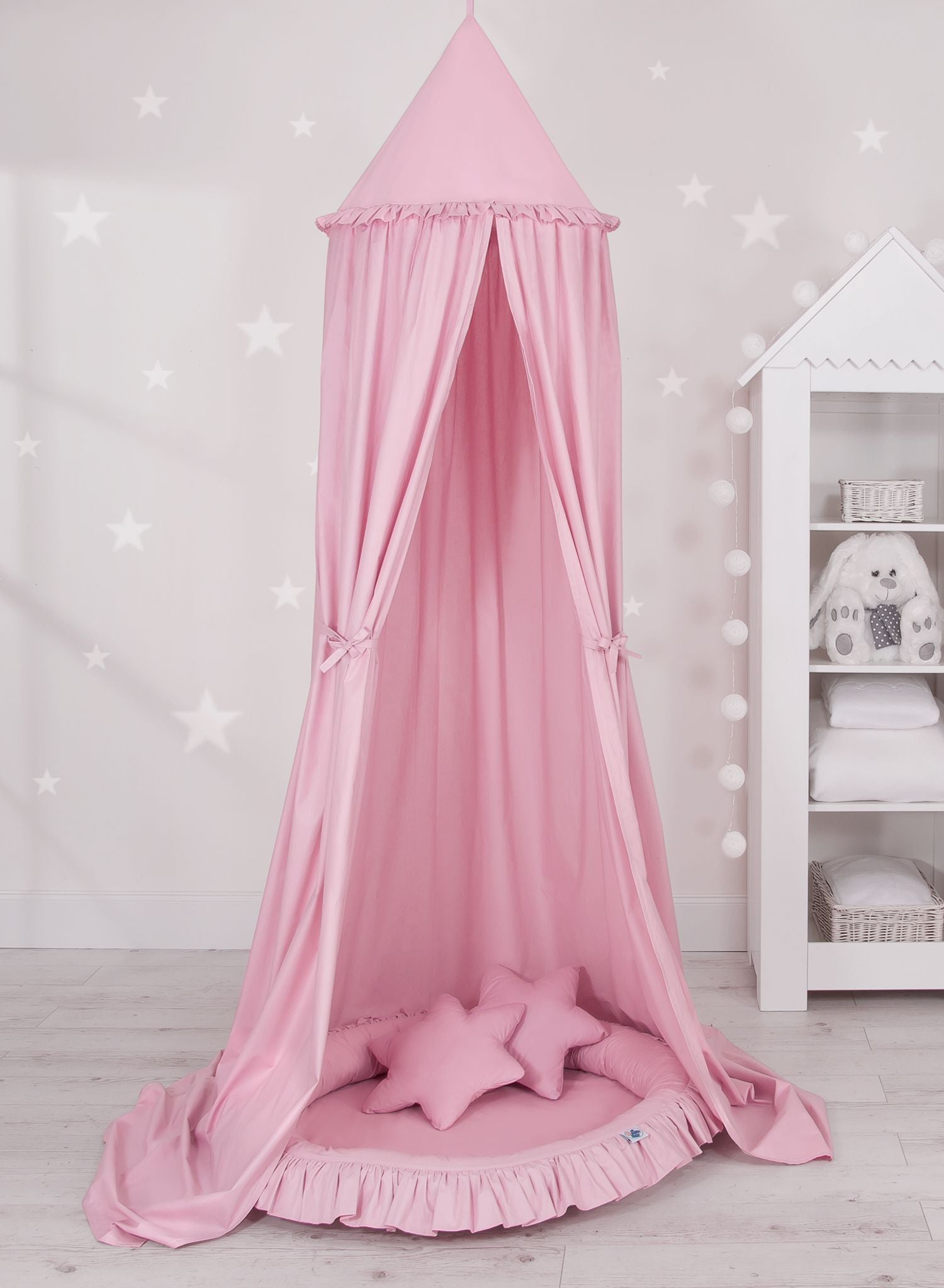 Set: Hanging baldachin for children's room cotton + nest with flounce + pillows - pink
