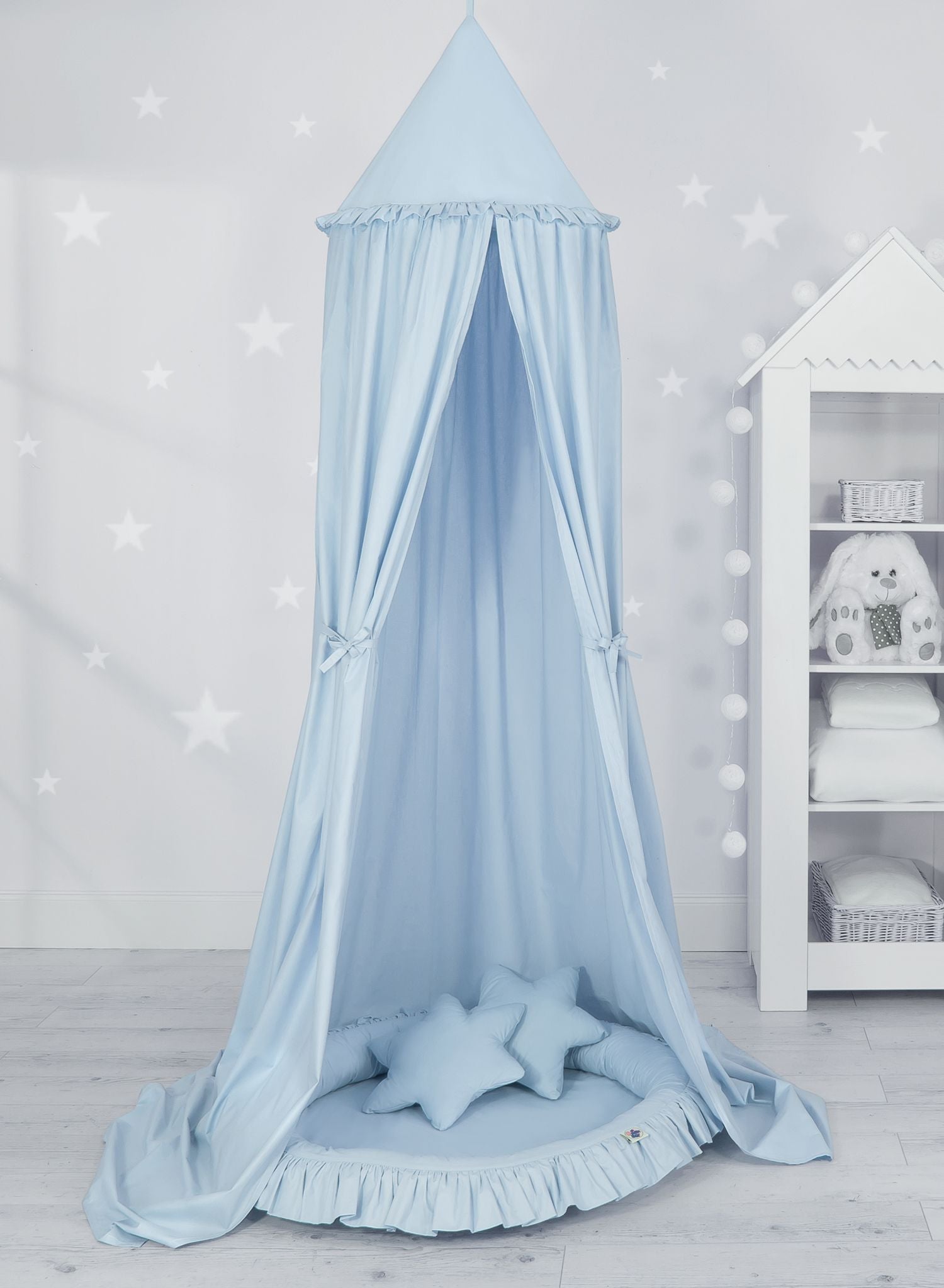 Set: Hanging baldachin for children's room cotton + nest with flounce + pillows - blue