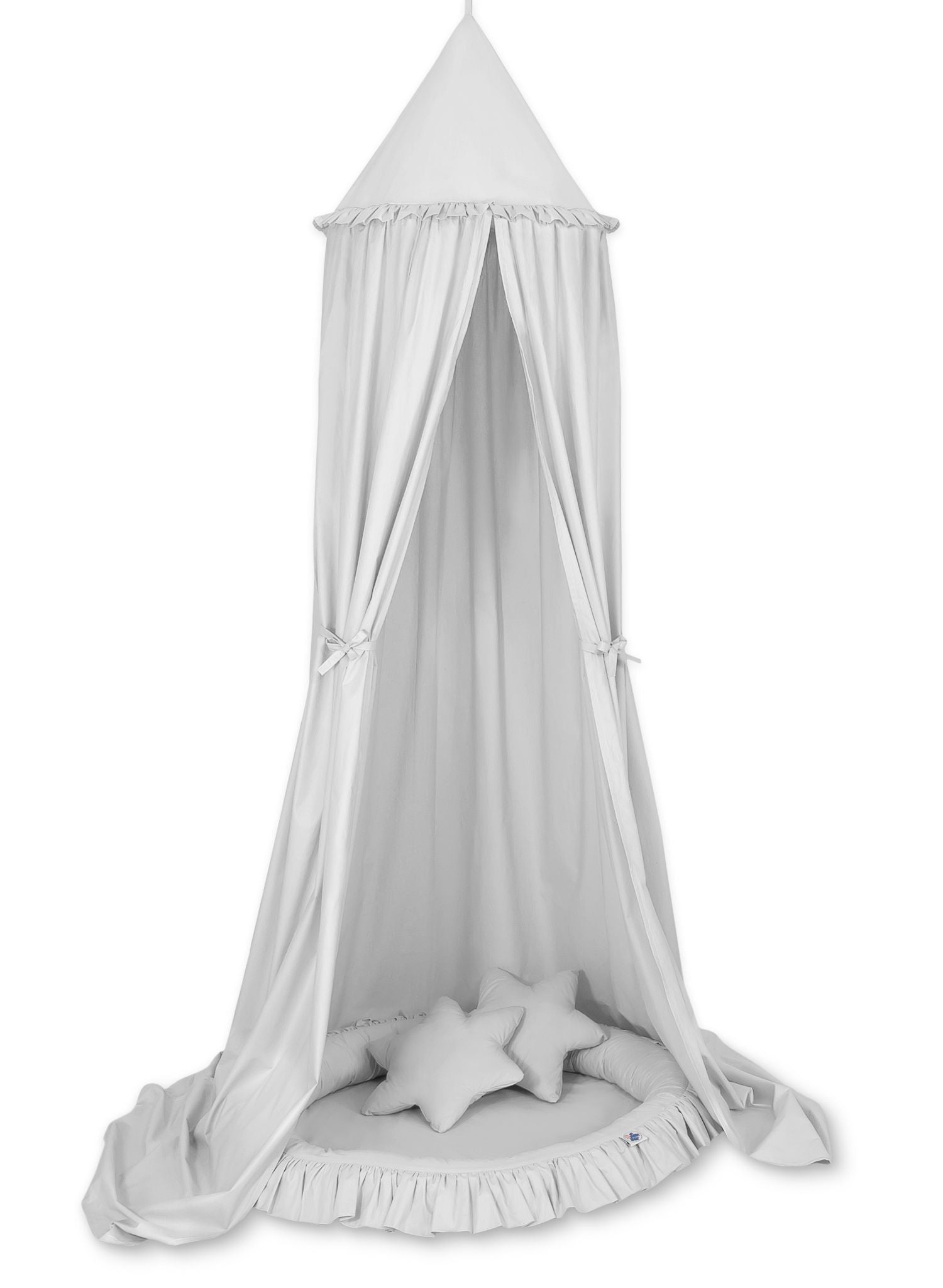Set: Hanging baldachin for children's room cotton + nest with flounce + pillows - gray
