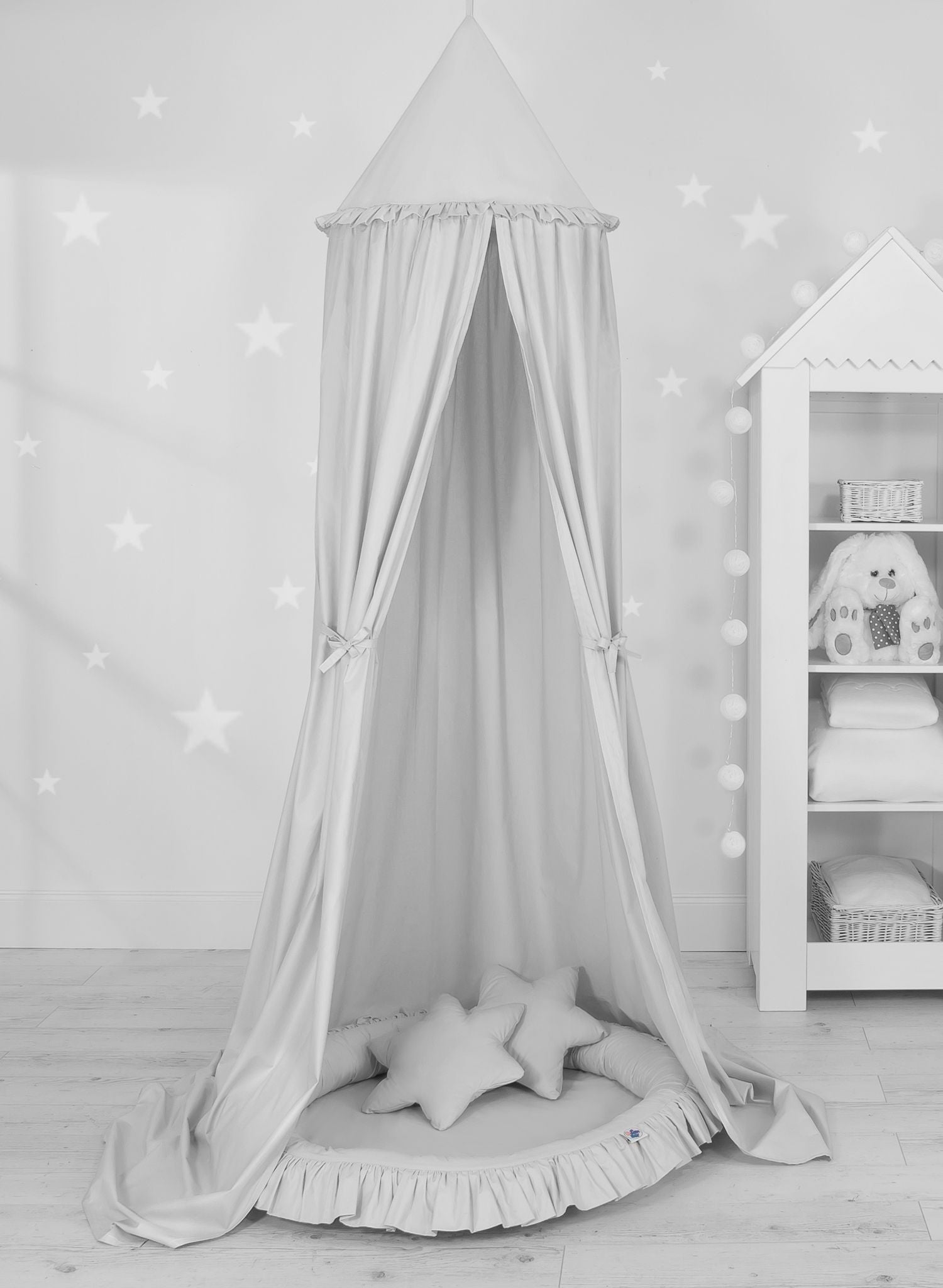 Set: Hanging baldachin for children's room cotton + nest with flounce + pillows - gray