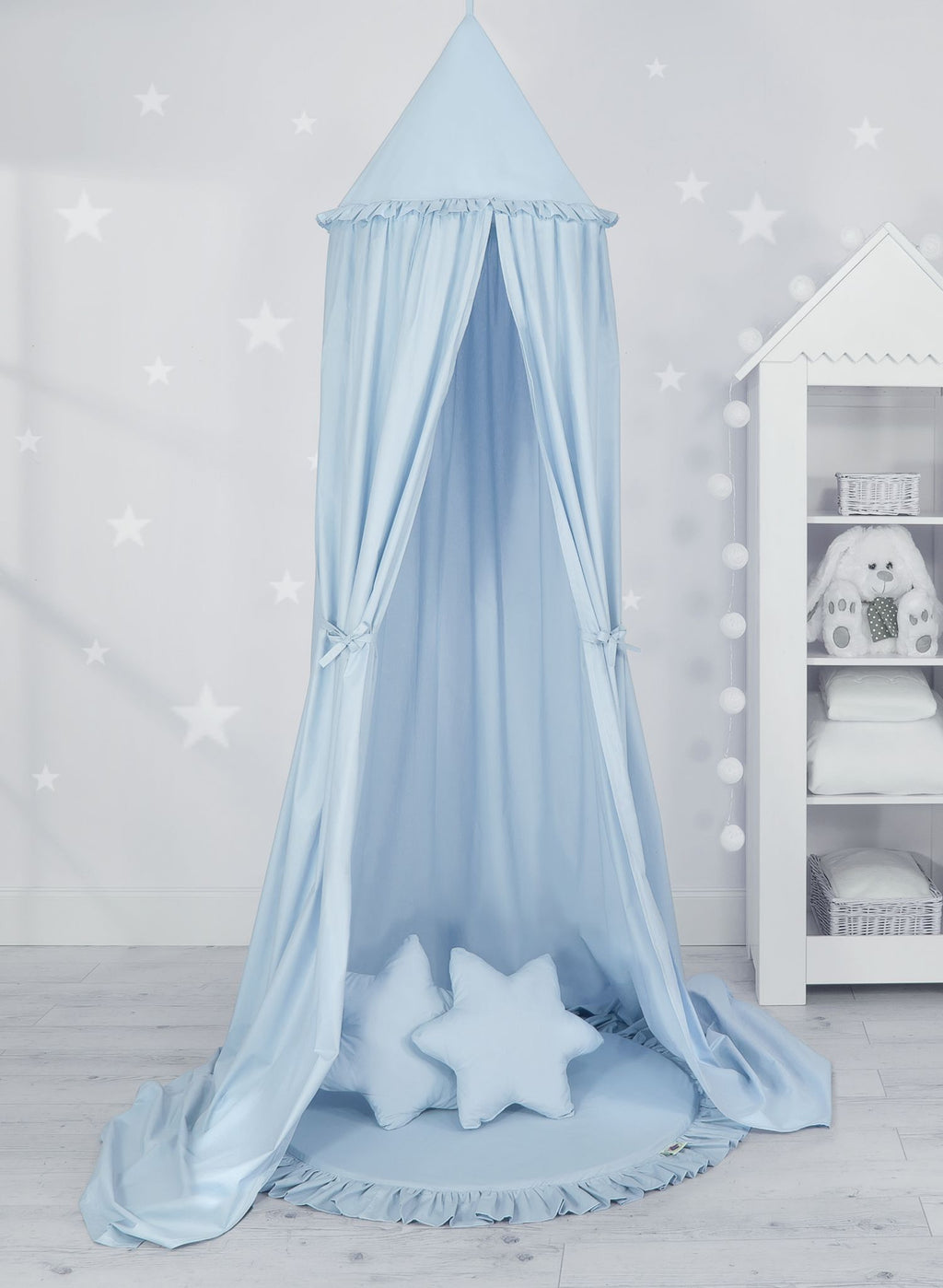Set: Hanging baldachin for children's room cotton + Floor play mat + pillows - blue