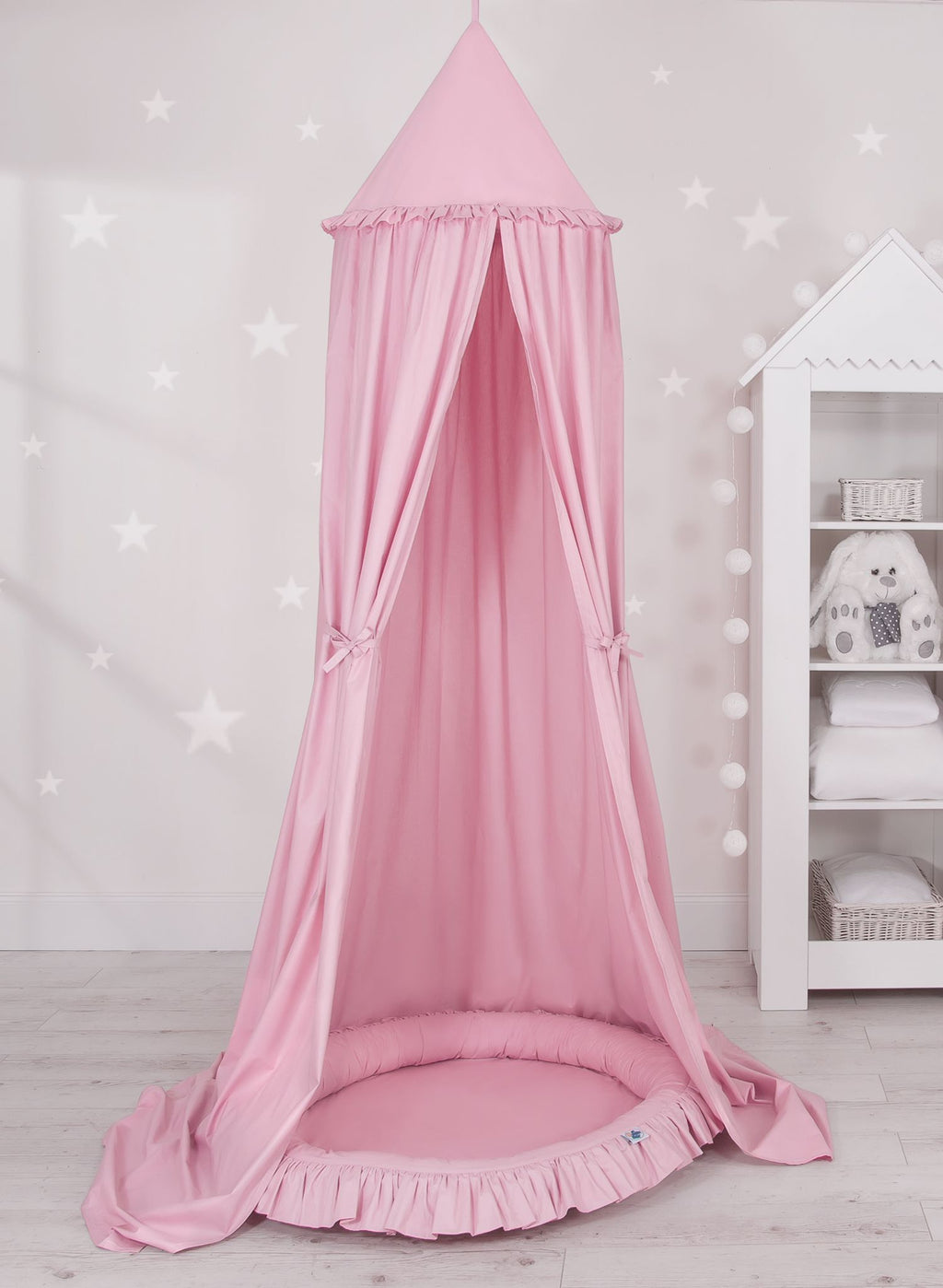 Set: Hanging baldachin for children's room cotton + nest with flounce - pink