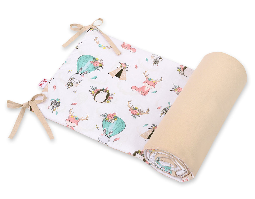 Universal double-sided bumper for cot - foxes beige/beige