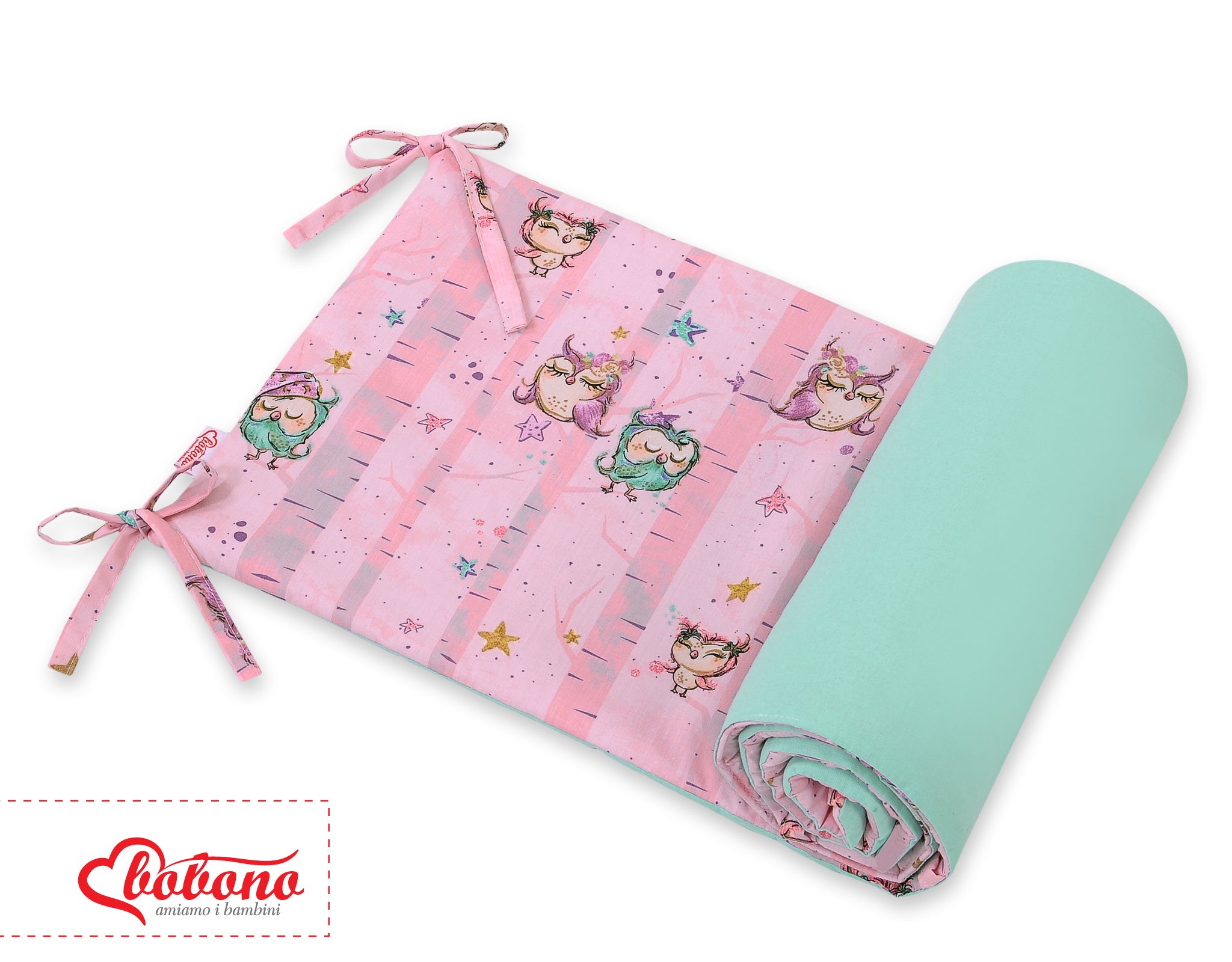 Universal bumper for cot - owls pink-mint