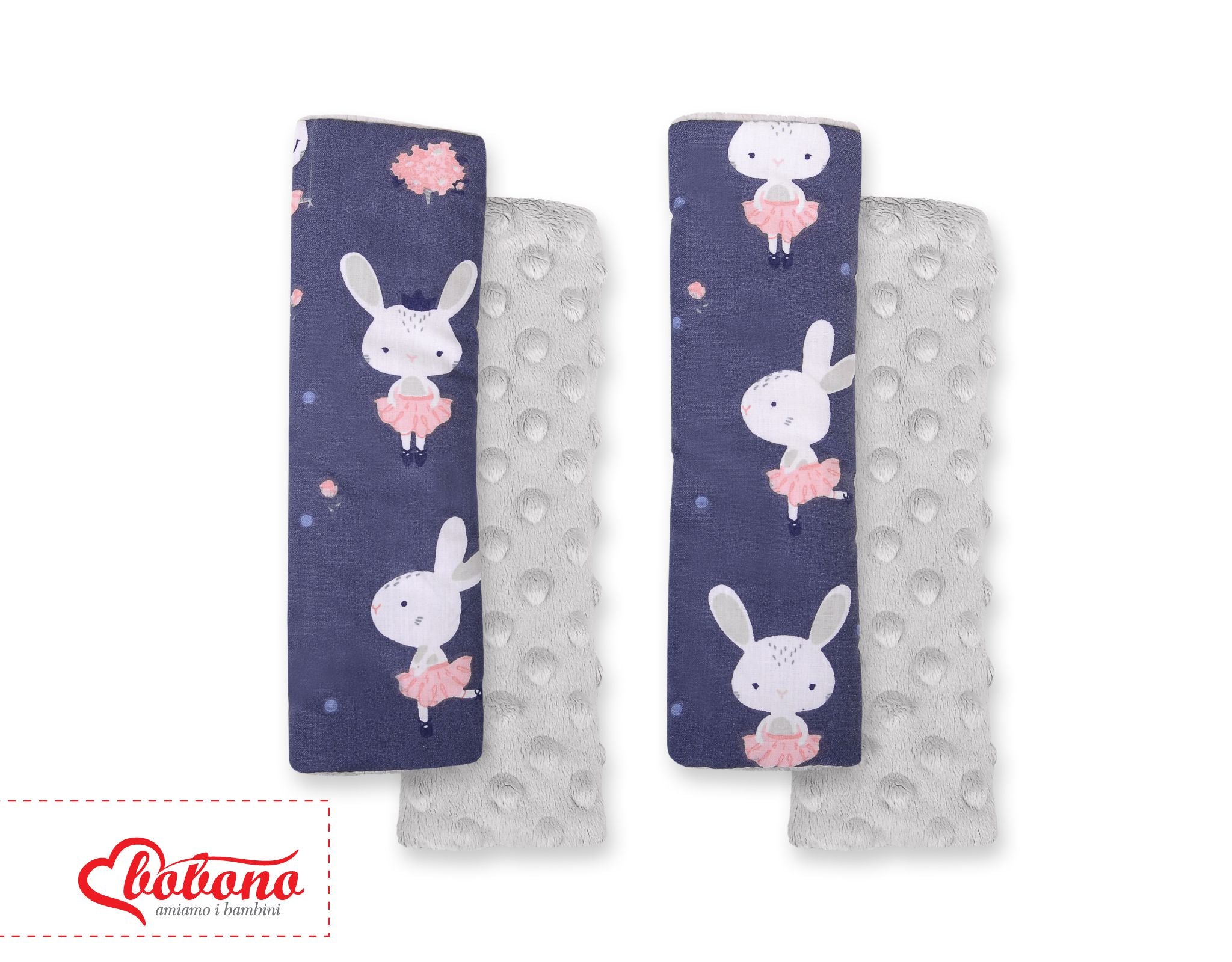 Double sided pads BOBONO for seat belts - blue rabbits/gray