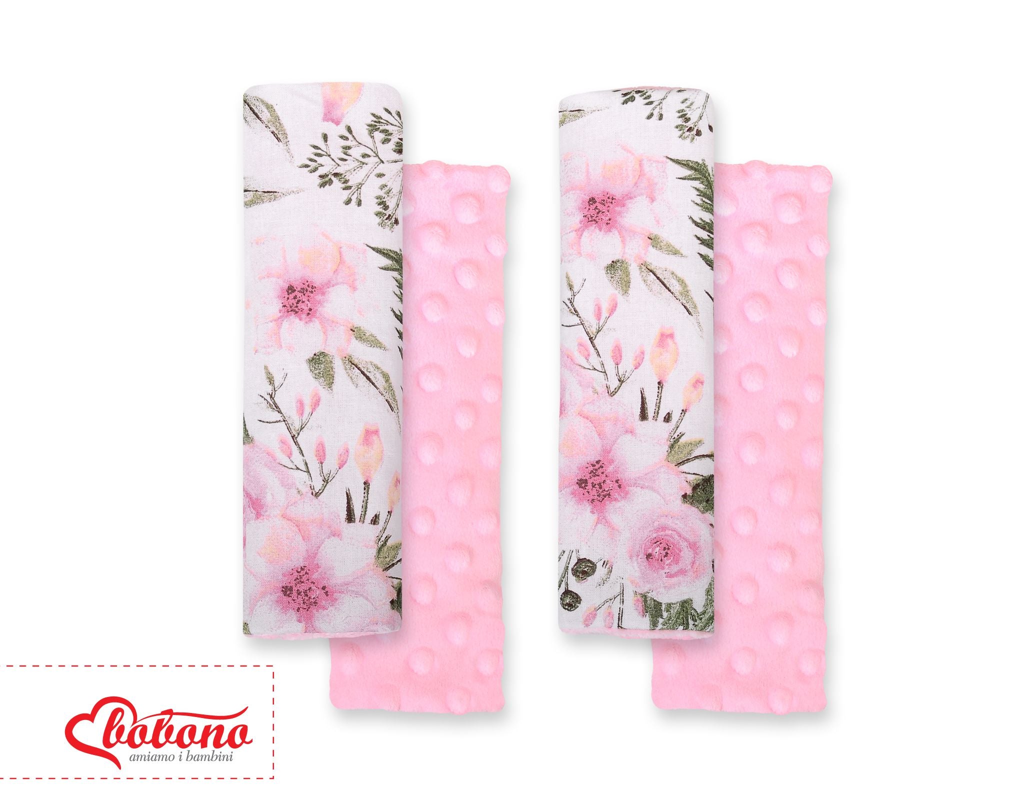 Double sided pads BOBONO for seat belts - peony flower pink/pink