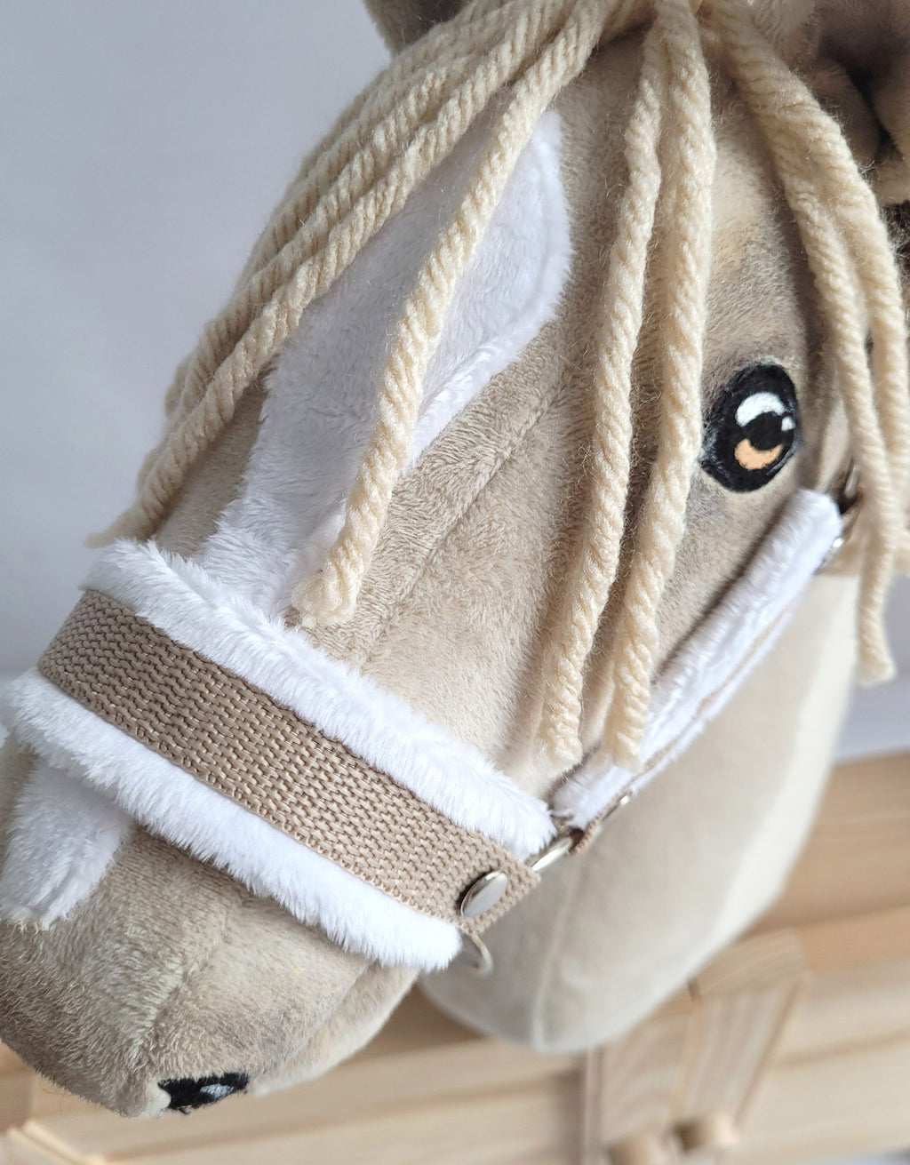 Set for Hobby Horse: the halter A3 with white furry + Tether made of cord - white-beige