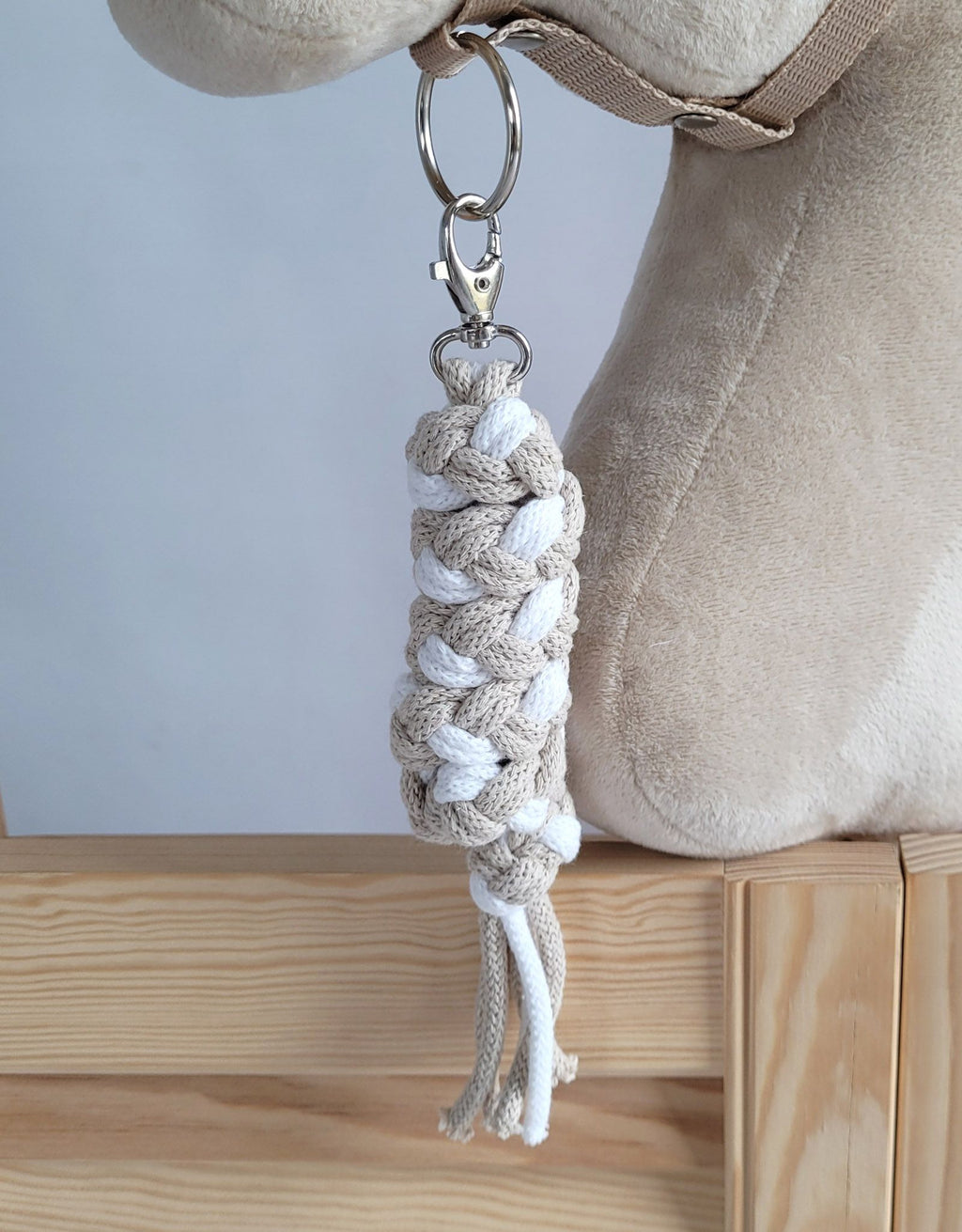 Set for Hobby Horse: the halter A3 with white furry + Tether made of cord - white-beige