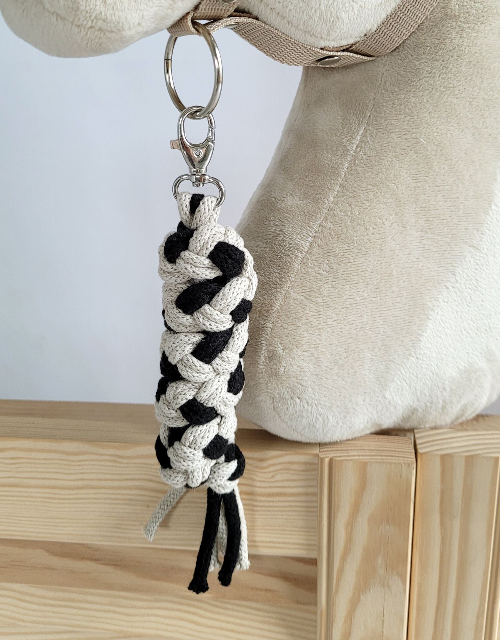 Set for Hobby Horse: the halter A3 with black furry + Tether made of cord - black-beige