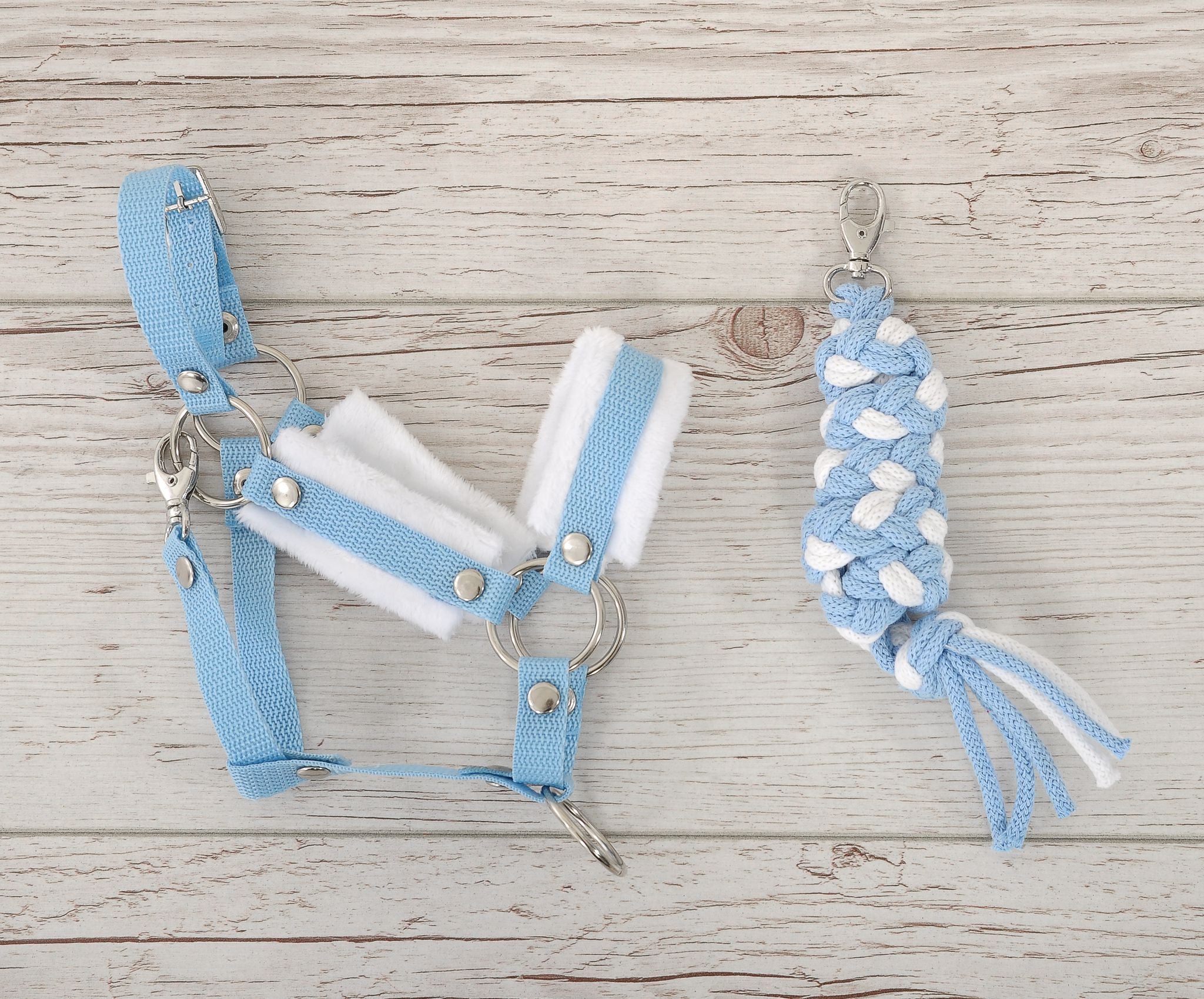 Set for Hobby Horse: the halter A3 with white furry + Tether made of cord - white-light blue