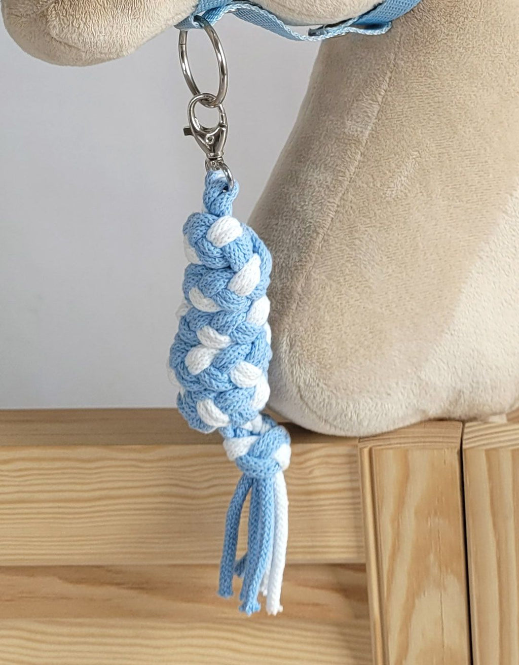 Set for Hobby Horse: the halter A3 with white furry + Tether made of cord - white-light blue
