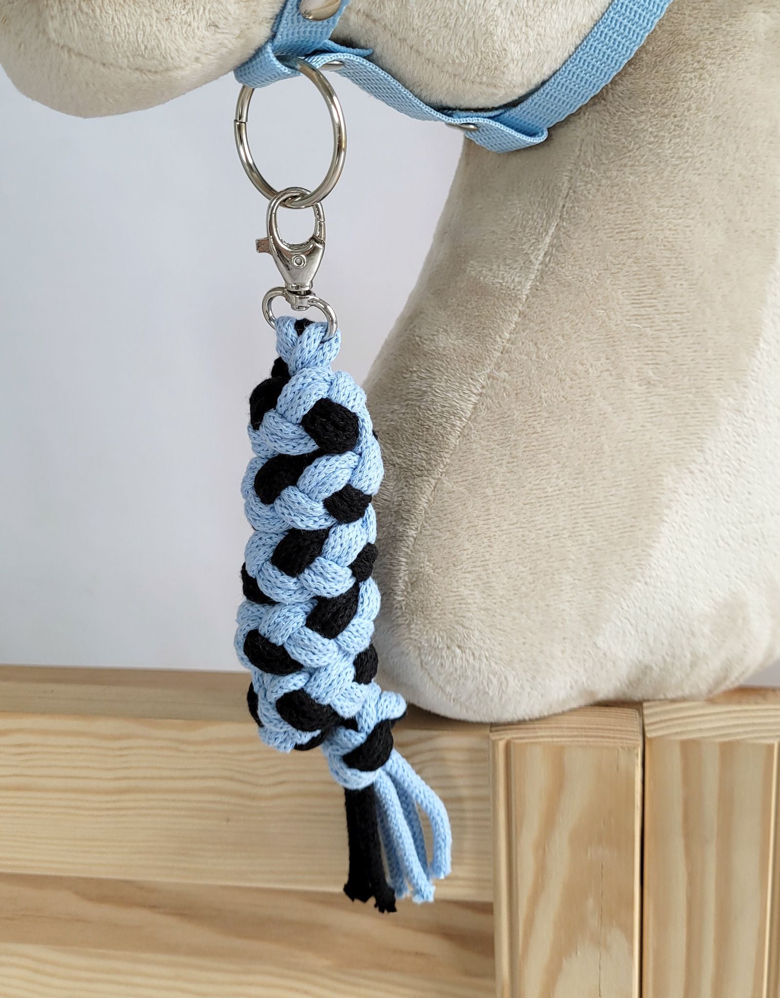 Set for Hobby Horse: the halter A3 with black furry + Tether made of cord - black-light blue