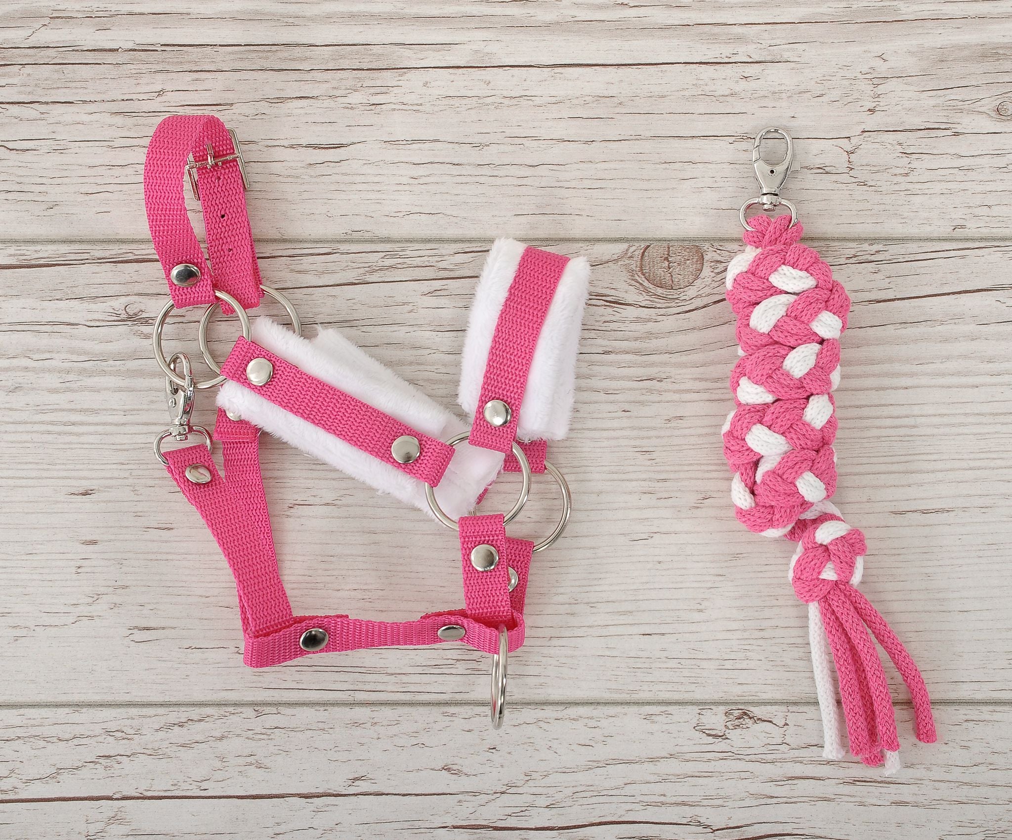 Set for Hobby Horse: the halter A3 with white furry + Tether made of cord - white-dark pink