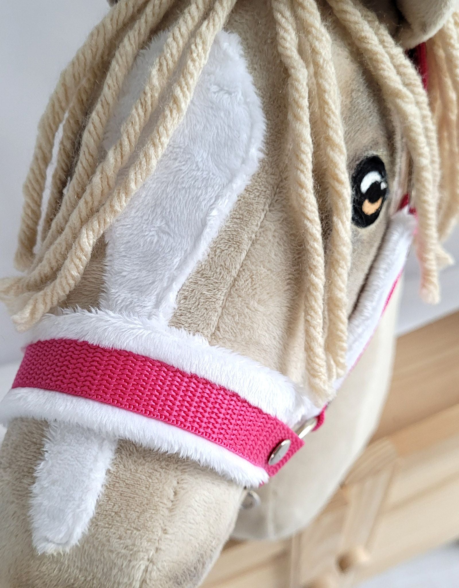 Set for Hobby Horse: the halter A3 with white furry + Tether made of cord - white-dark pink