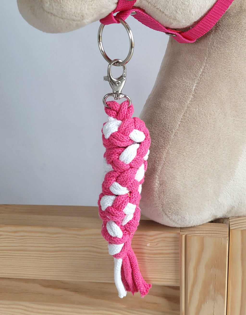 Set for Hobby Horse: the halter A3 with white furry + Tether made of cord - white-dark pink