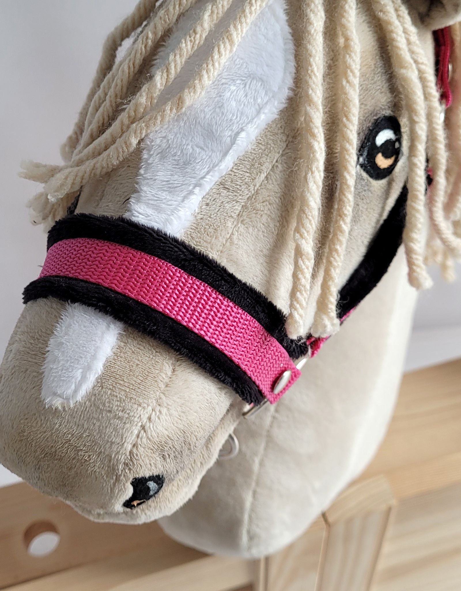 Set for Hobby Horse: the halter A3 with black furry + Tether made of cord - black-dark pink