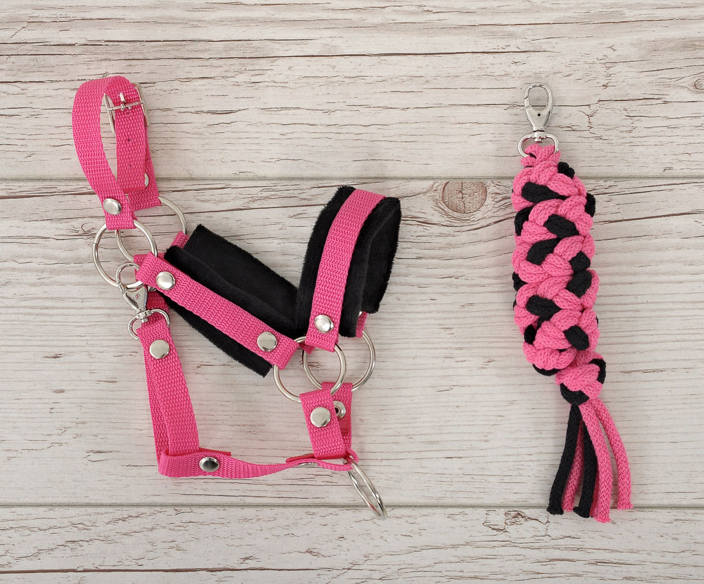Set for Hobby Horse: the halter A3 with black furry + Tether made of cord - black-dark pink