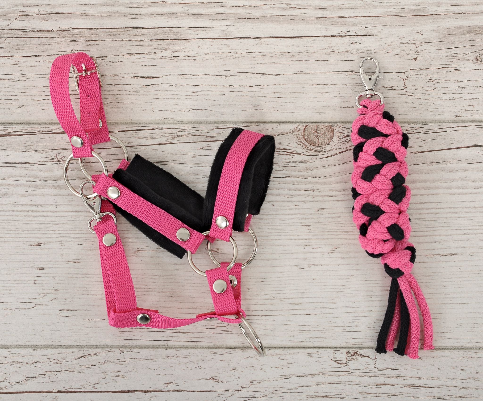 Set for Hobby Horse: the halter A3 with black furry + Tether made of cord - black-dark pink