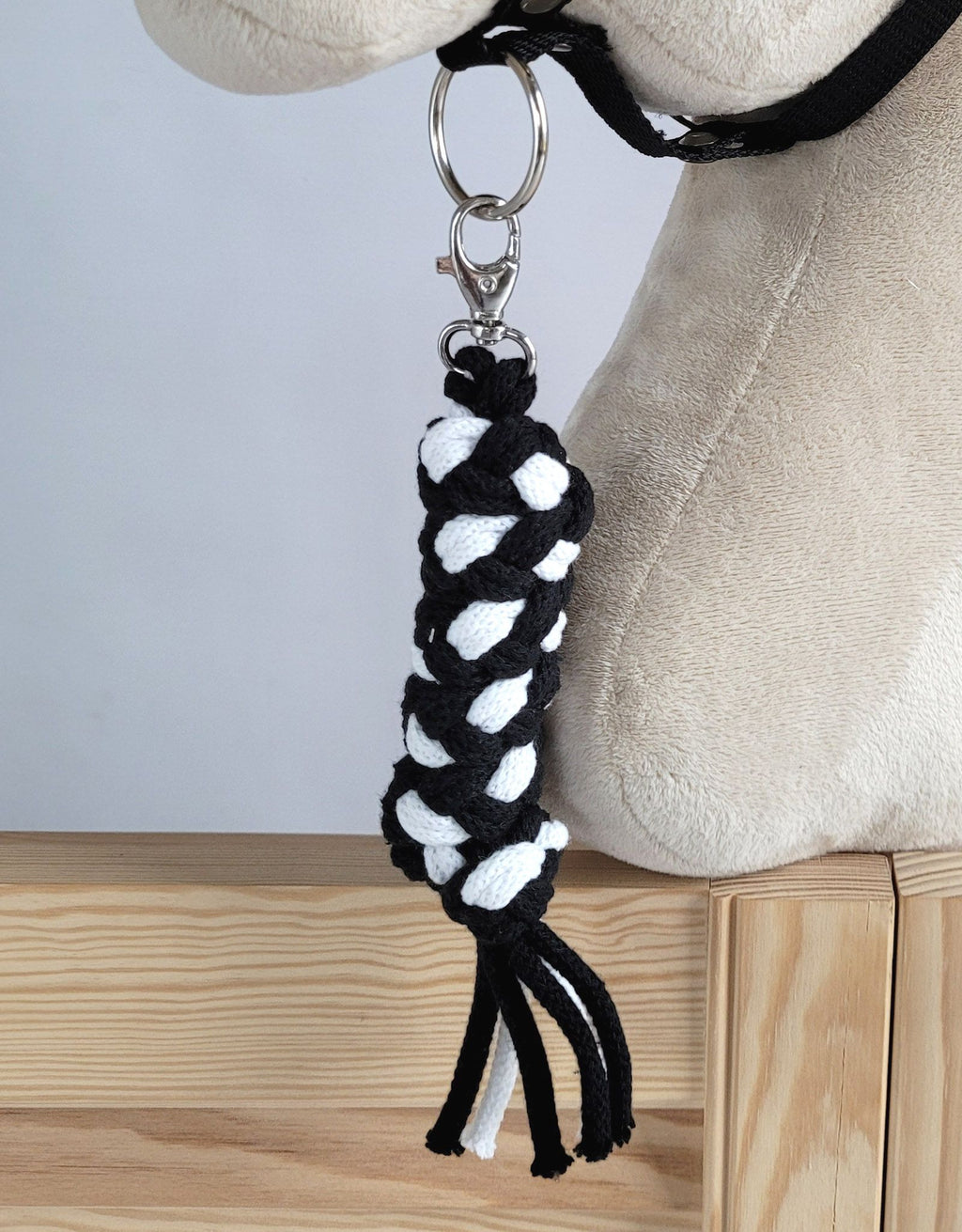 Set for Hobby Horse: the halter A3 with white furry + Tether made of cord - white-black