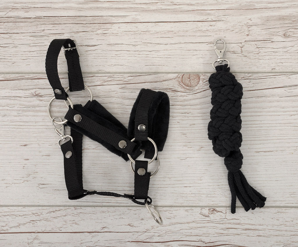 Set for Hobby Horse: the halter A3 with black furry + Tether made of cord - black-black
