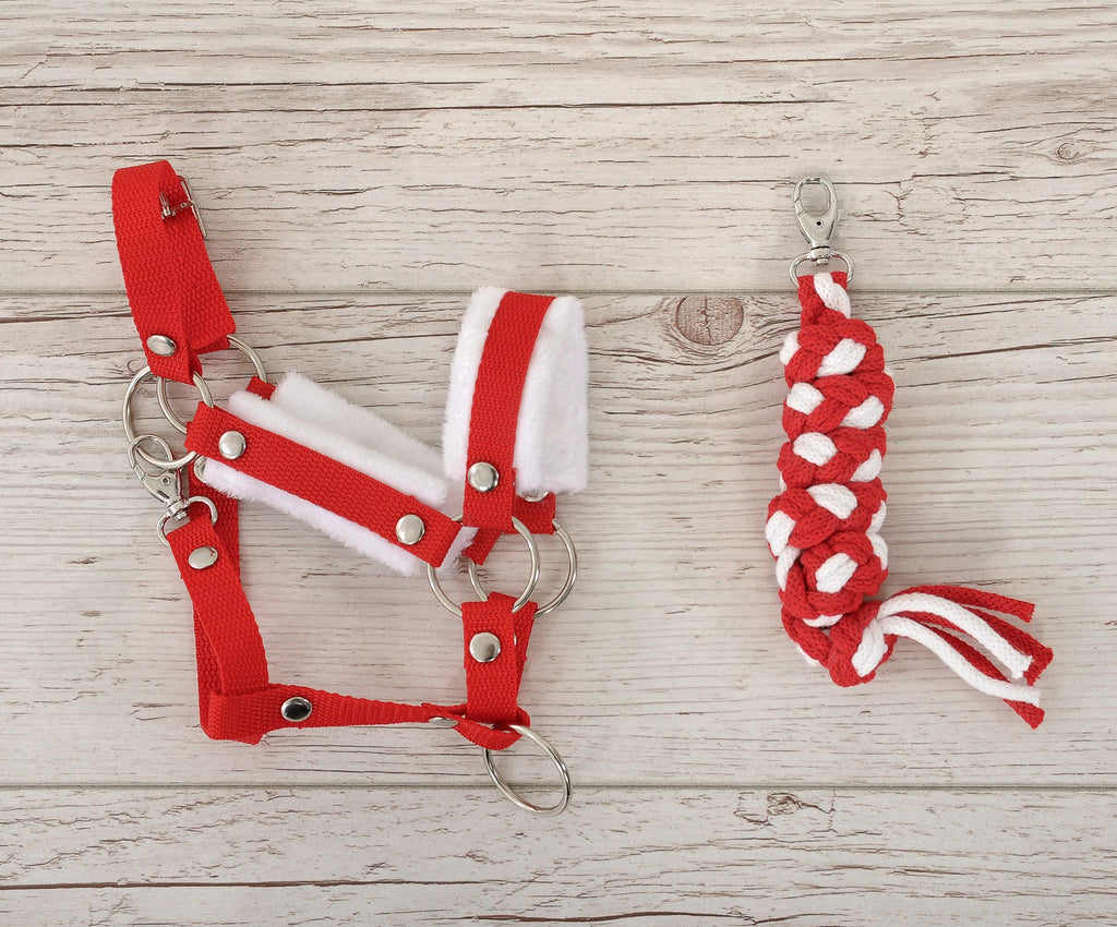 Set for Hobby Horse: the halter A3 with white furry + Tether made of cord - white-red