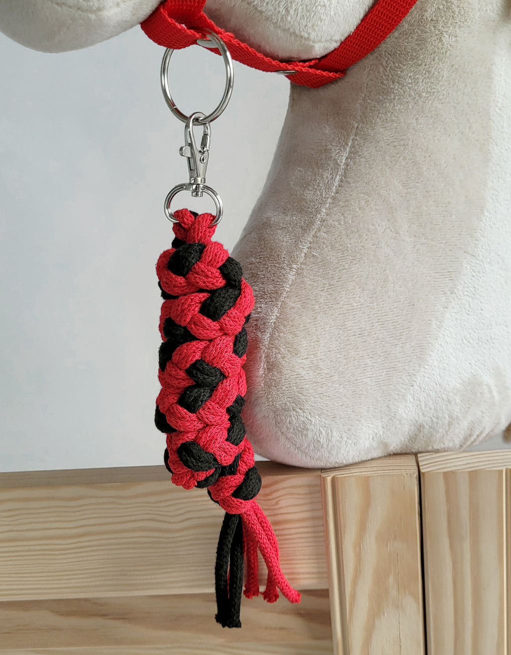 Set for Hobby Horse: the halter A3 with black furry + Tether made of cord - black-red
