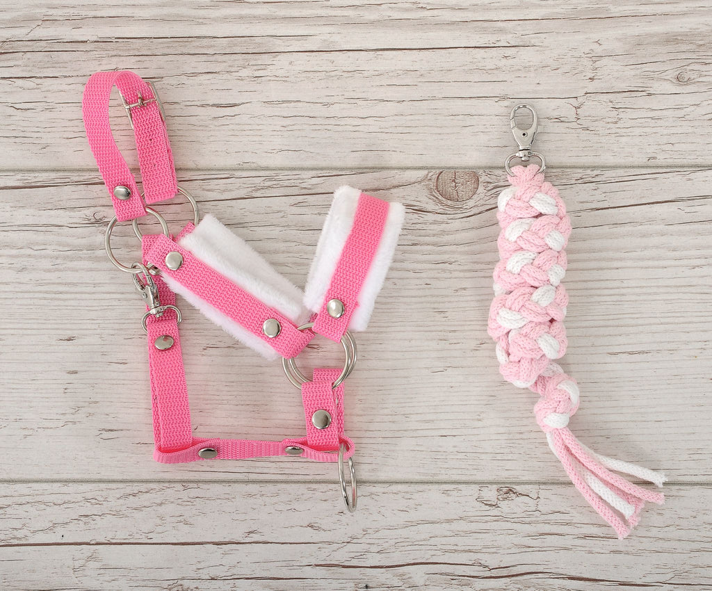 Set for Hobby Horse: the halter A3 with white furry + Tether made of cord - white-pink