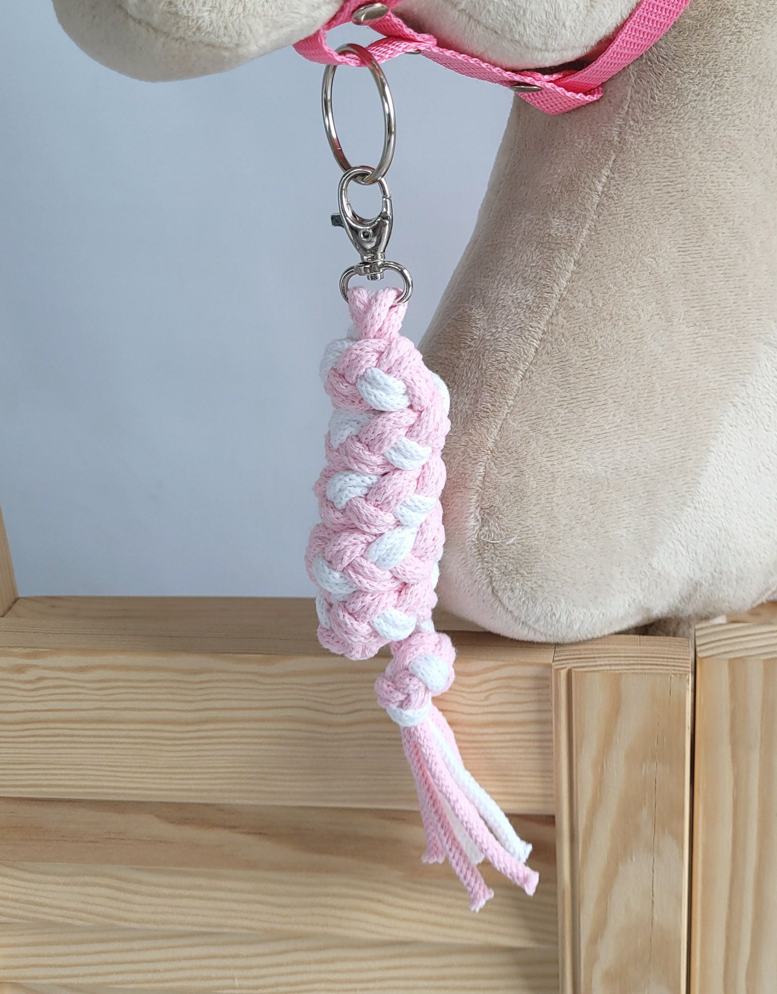 Set for Hobby Horse: the halter A3 with white furry + Tether made of cord - white-pink