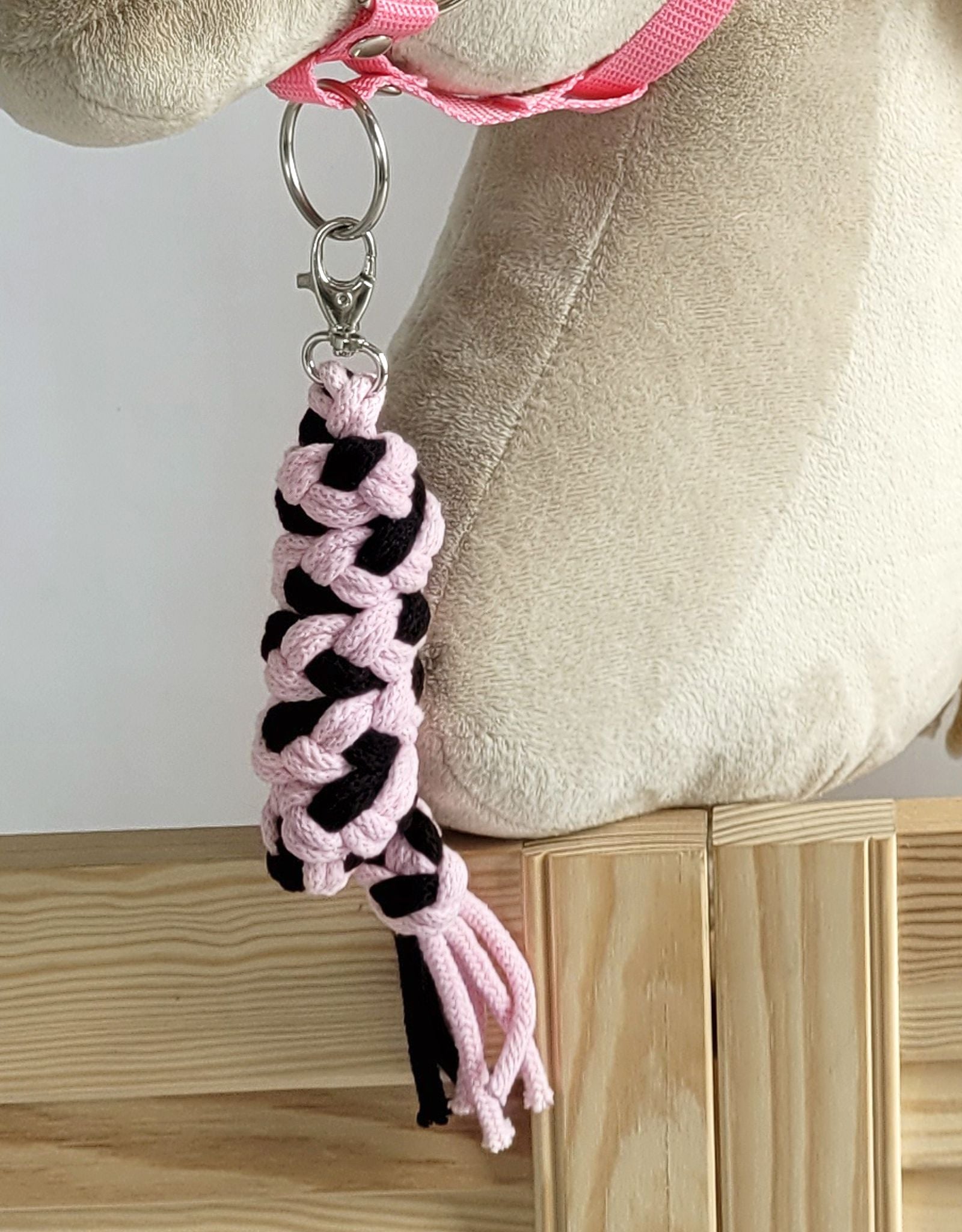 Set for Hobby Horse: the halter A3 with black furry + Tether made of cord - black-pink