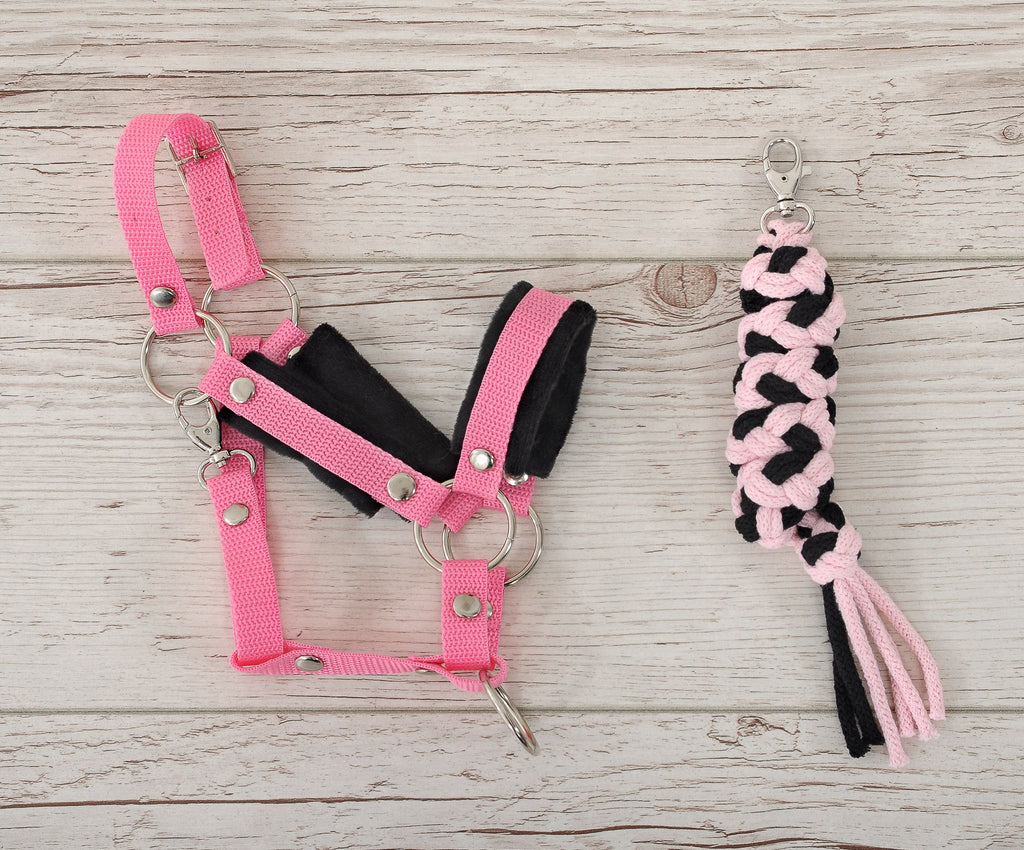 Set for Hobby Horse: the halter A3 with black furry + Tether made of cord - black-pink