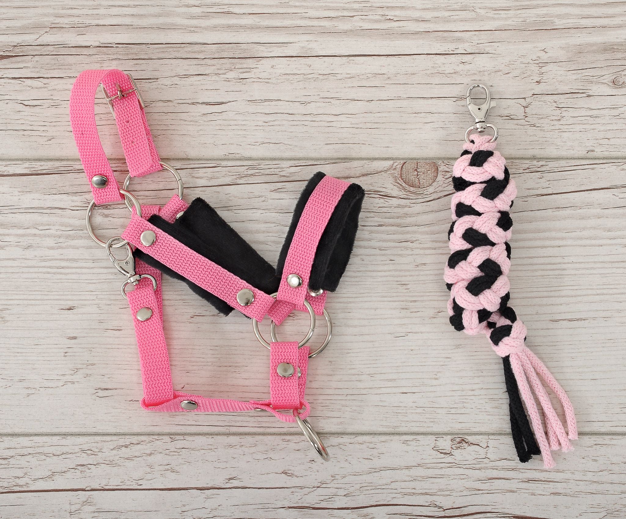 Set for Hobby Horse: the halter A3 with black furry + Tether made of cord - black-pink