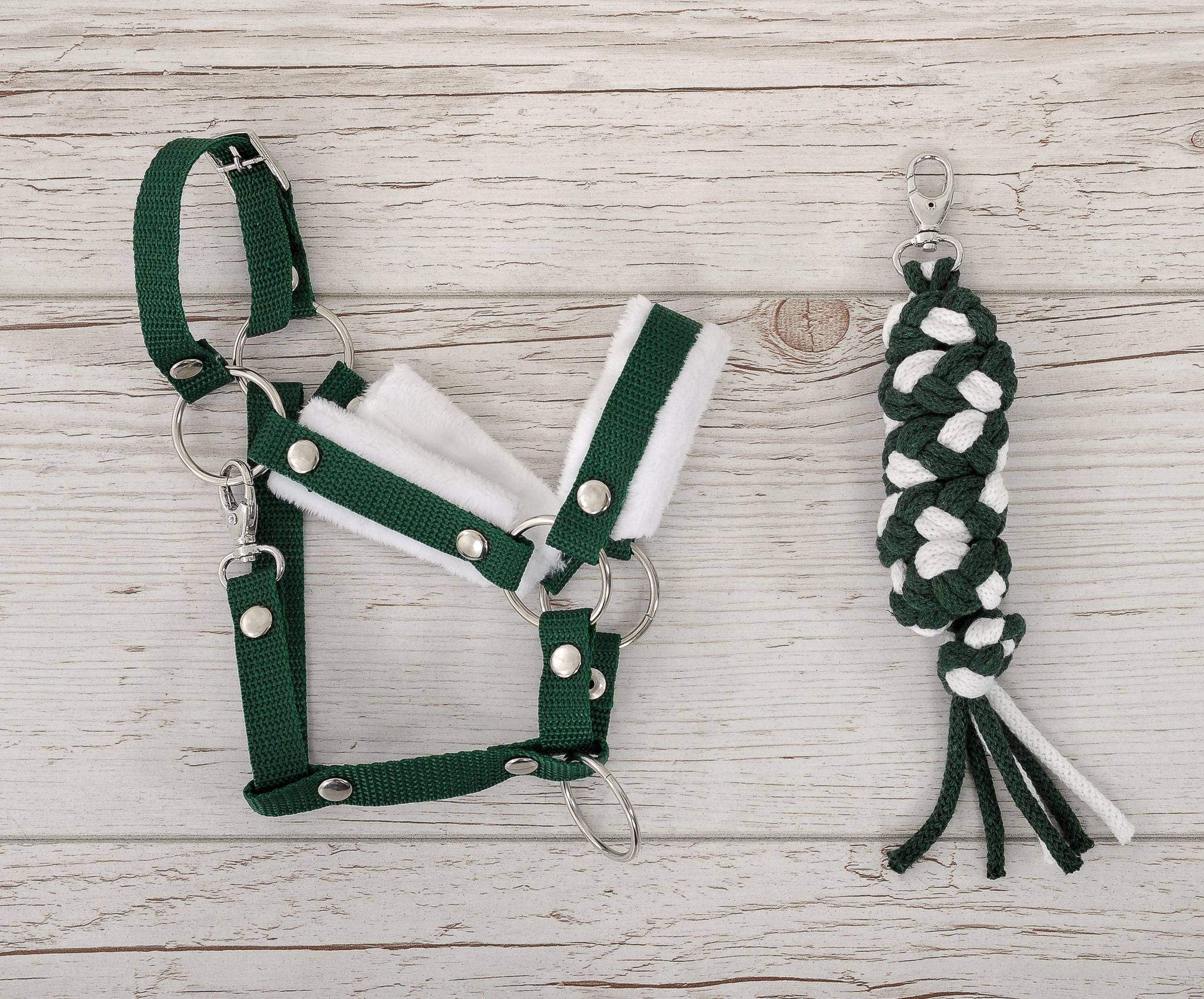 Set for Hobby Horse: the halter A3 with white furry + Tether made of cord - white-bottle green