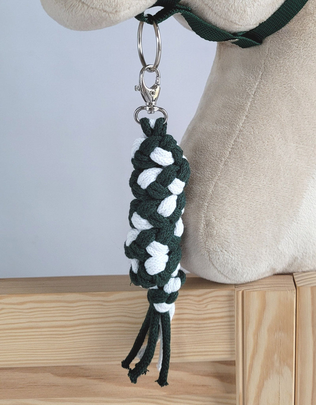 Set for Hobby Horse: the halter A3 with white furry + Tether made of cord - white-bottle green