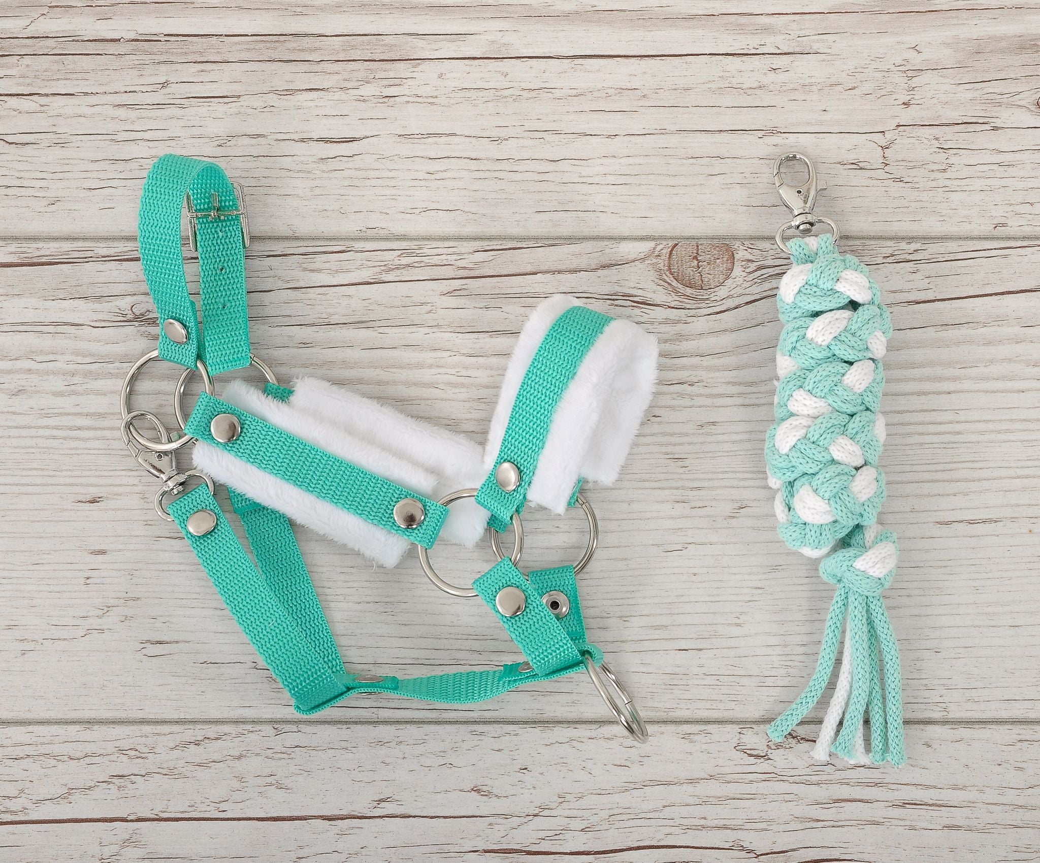 Set for Hobby Horse: the halter A3 with white furry + Tether made of cord - white-mint