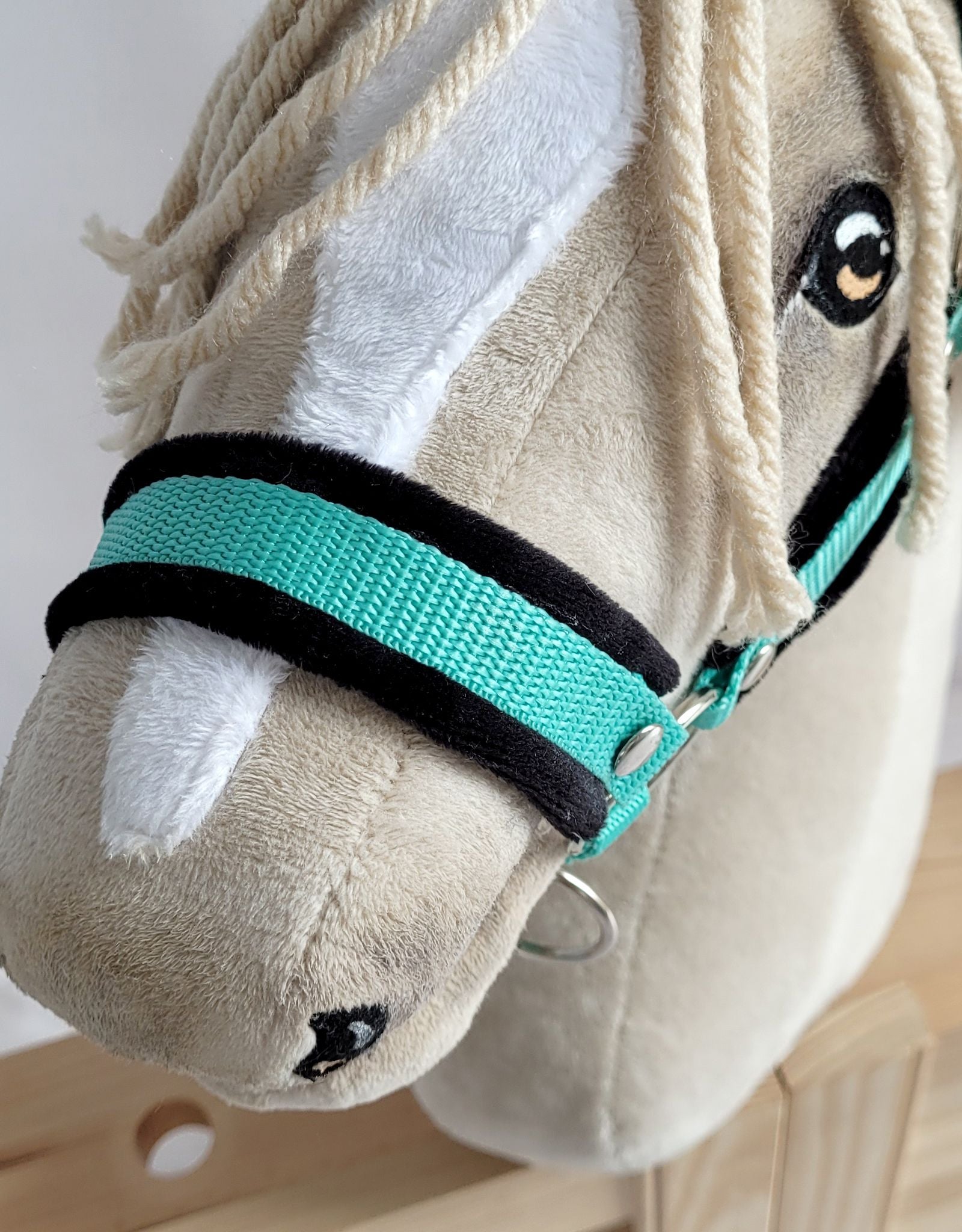 Set for Hobby Horse: the halter A3 with black furry + Tether made of cord - black-mint