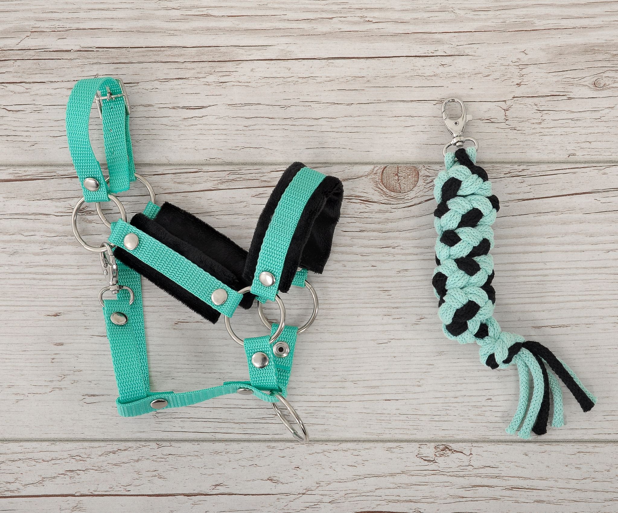 Set for Hobby Horse: the halter A3 with black furry + Tether made of cord - black-mint