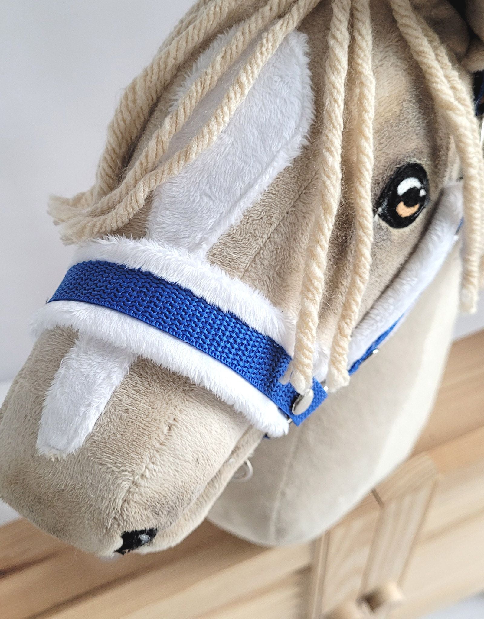 Set for Hobby Horse: the halter A3 with white furry + Tether made of cord - white-blue