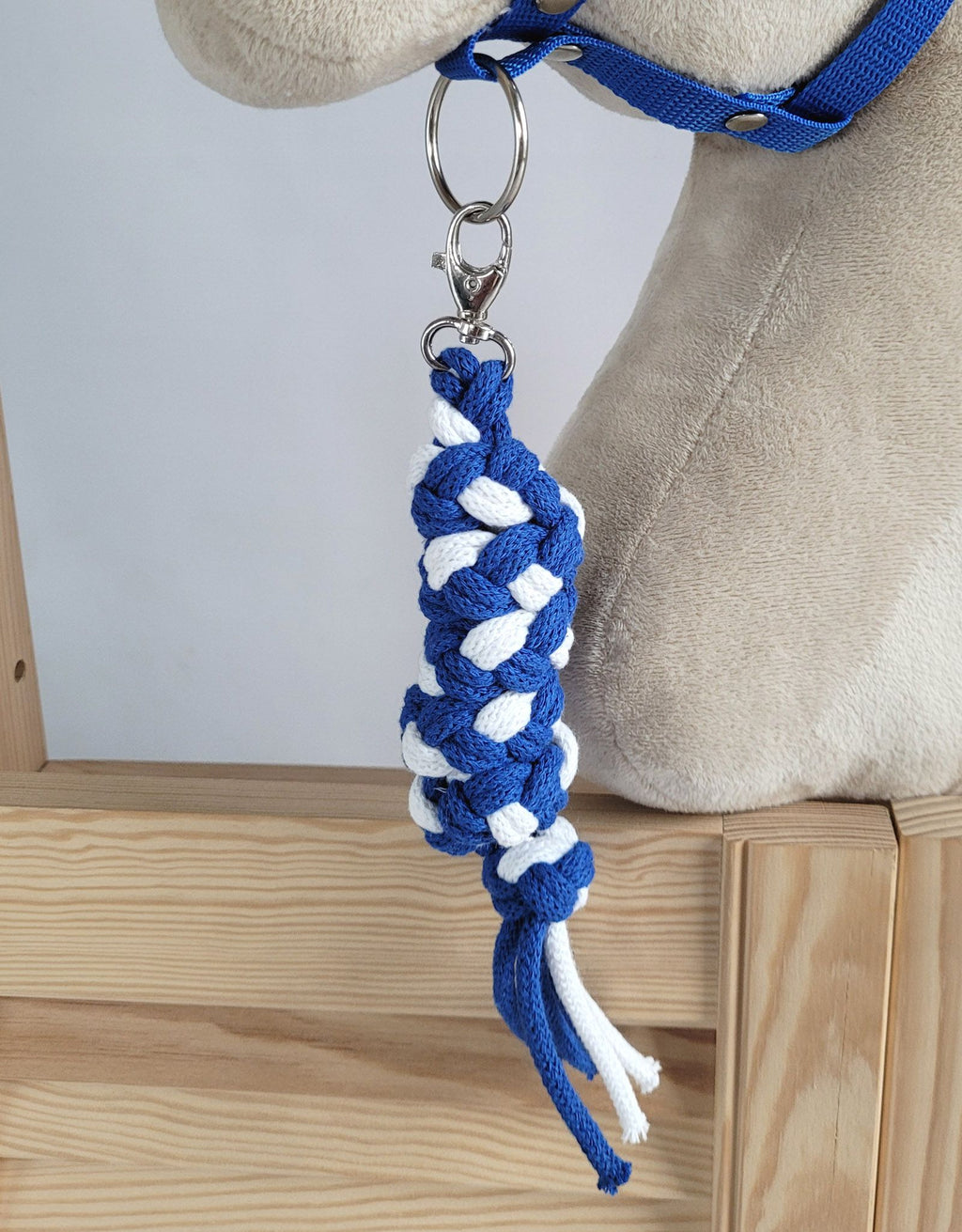 Set for Hobby Horse: the halter A3 with white furry + Tether made of cord - white-blue