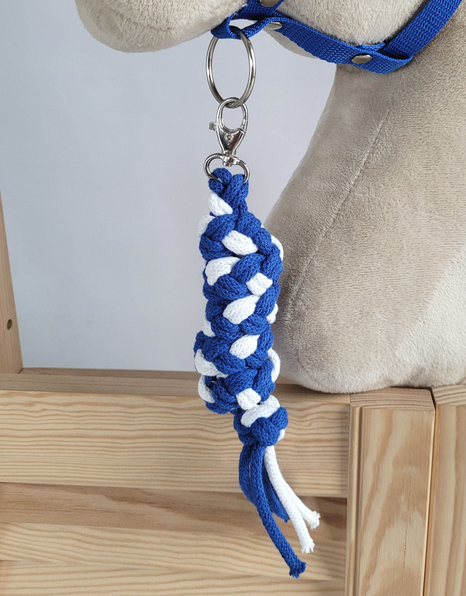 Set for Hobby Horse: the halter A3 with white furry + Tether made of cord - white-blue