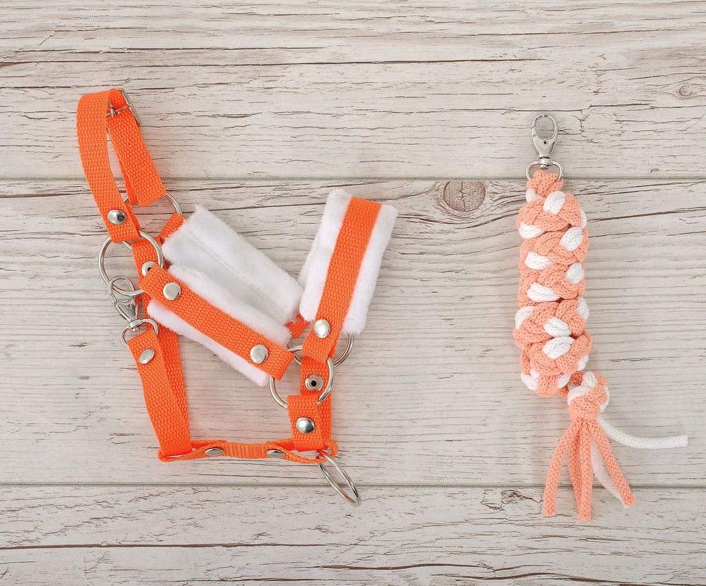 Set for Hobby Horse: the halter A3 with white furry + Tether made of cord - white-orange