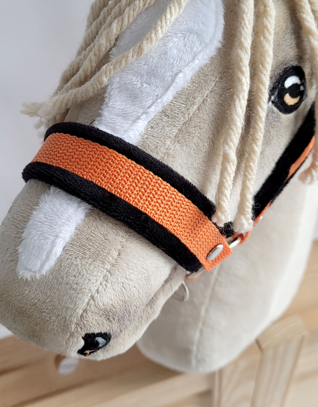 Set for Hobby Horse: the halter A3 with black furry + Tether made of cord - black-orange