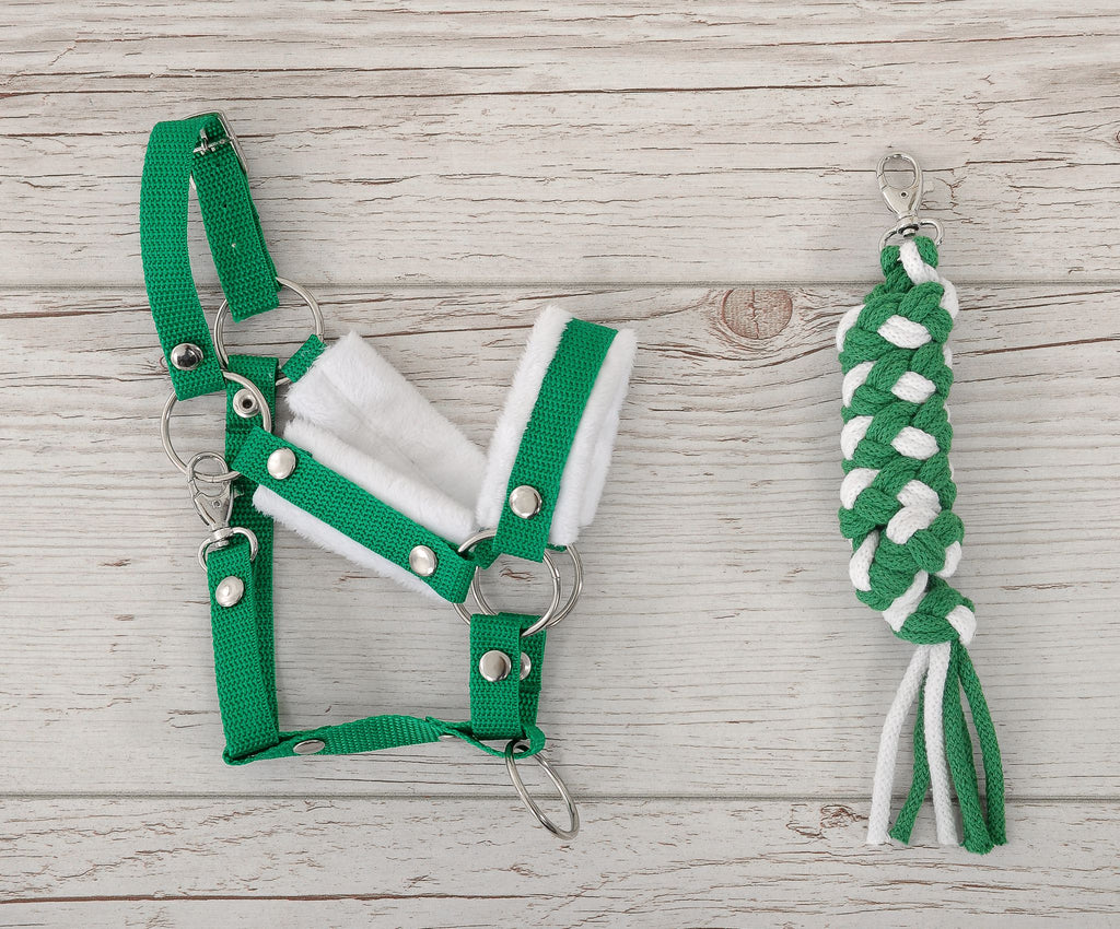 Set for Hobby Horse: the halter A3 with white furry + Tether made of cord - white-green