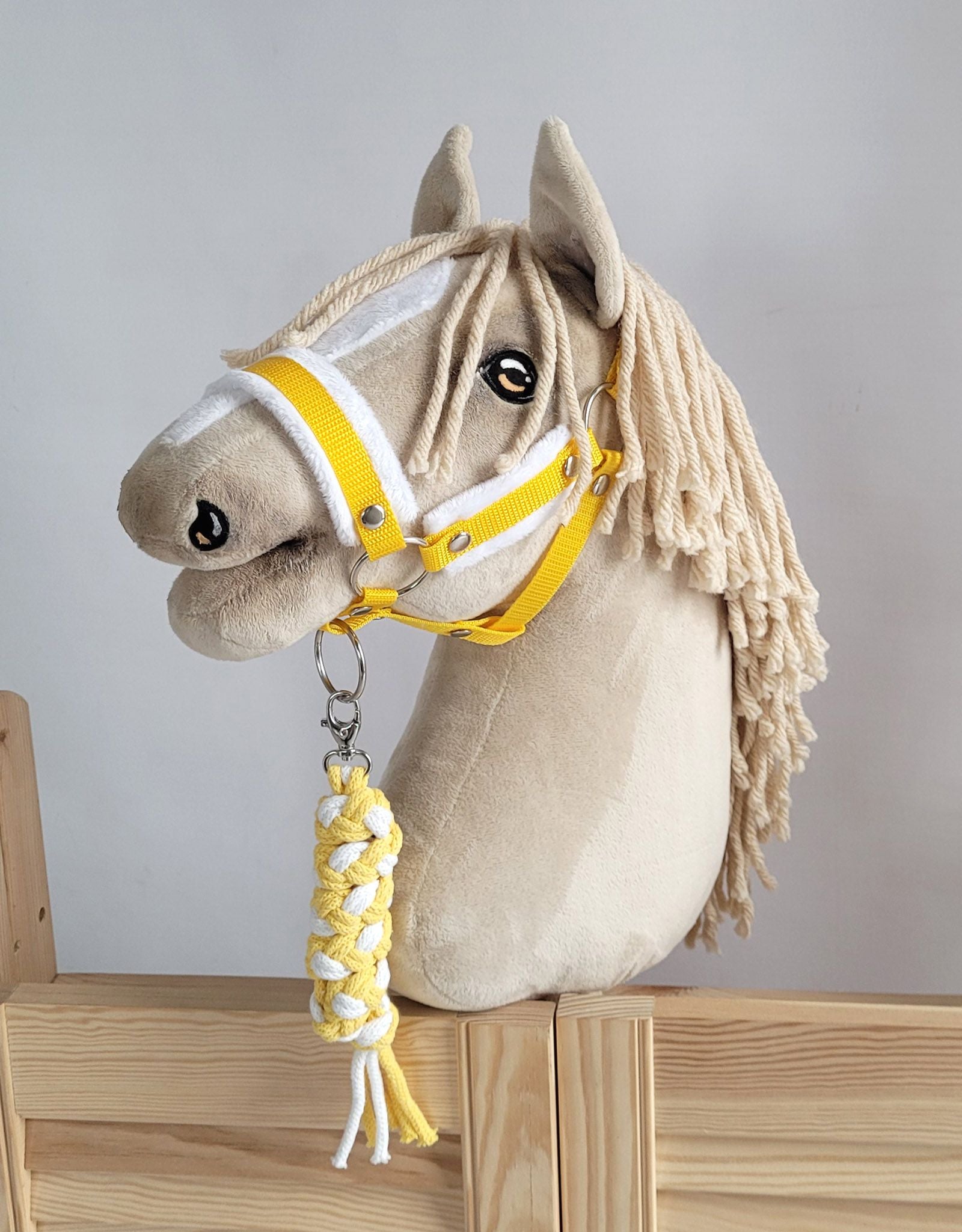 Set for Hobby Horse: the halter A3 with white furry + Tether made of cord - white-yellow