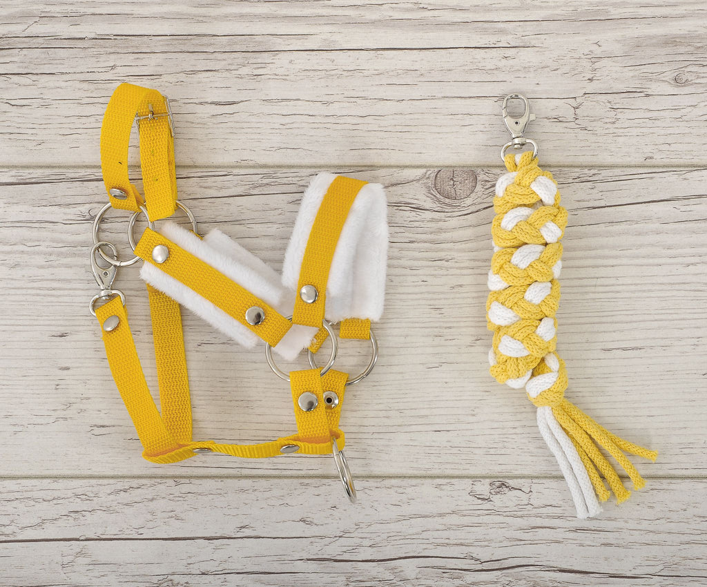 Set for Hobby Horse: the halter A3 with white furry + Tether made of cord - white-yellow